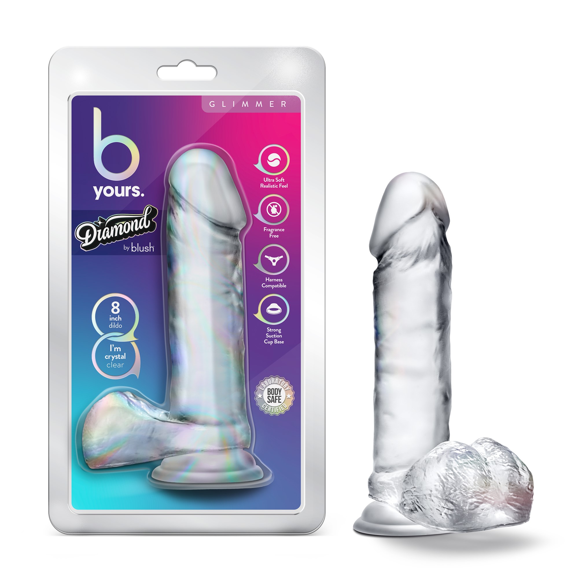 Blush B Yours Diamond Glimmer Realistic Clear 8-Inch Long Dildo With Balls & Suction Cup Base