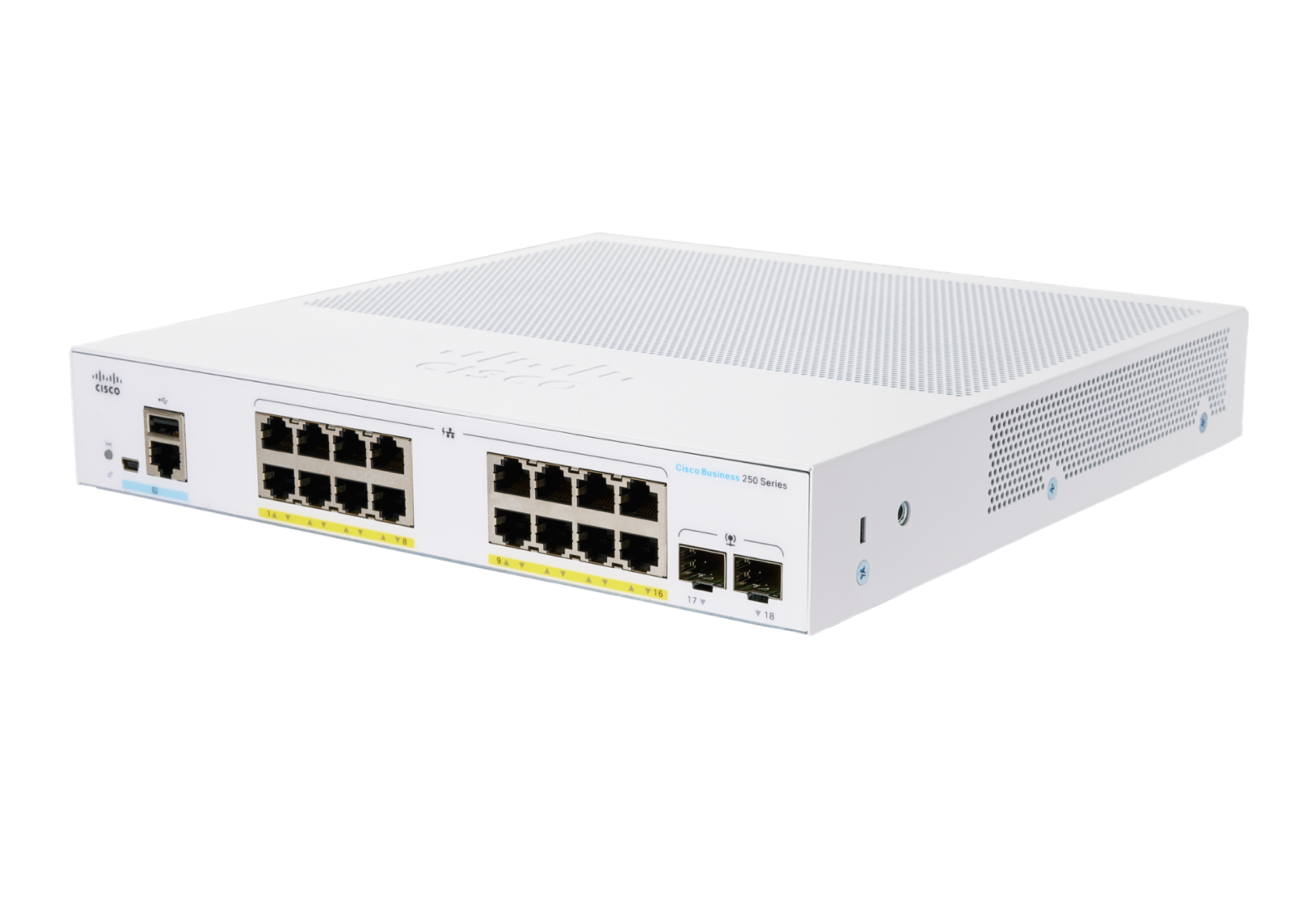 Picture of Cisco CBS250-16P-2G 18 Ports Manageable Ethernet Switch - 2 Layer Supported - Modular - 120 W PoE Budget - Optical Fiber, Twisted Pair - PoE Ports