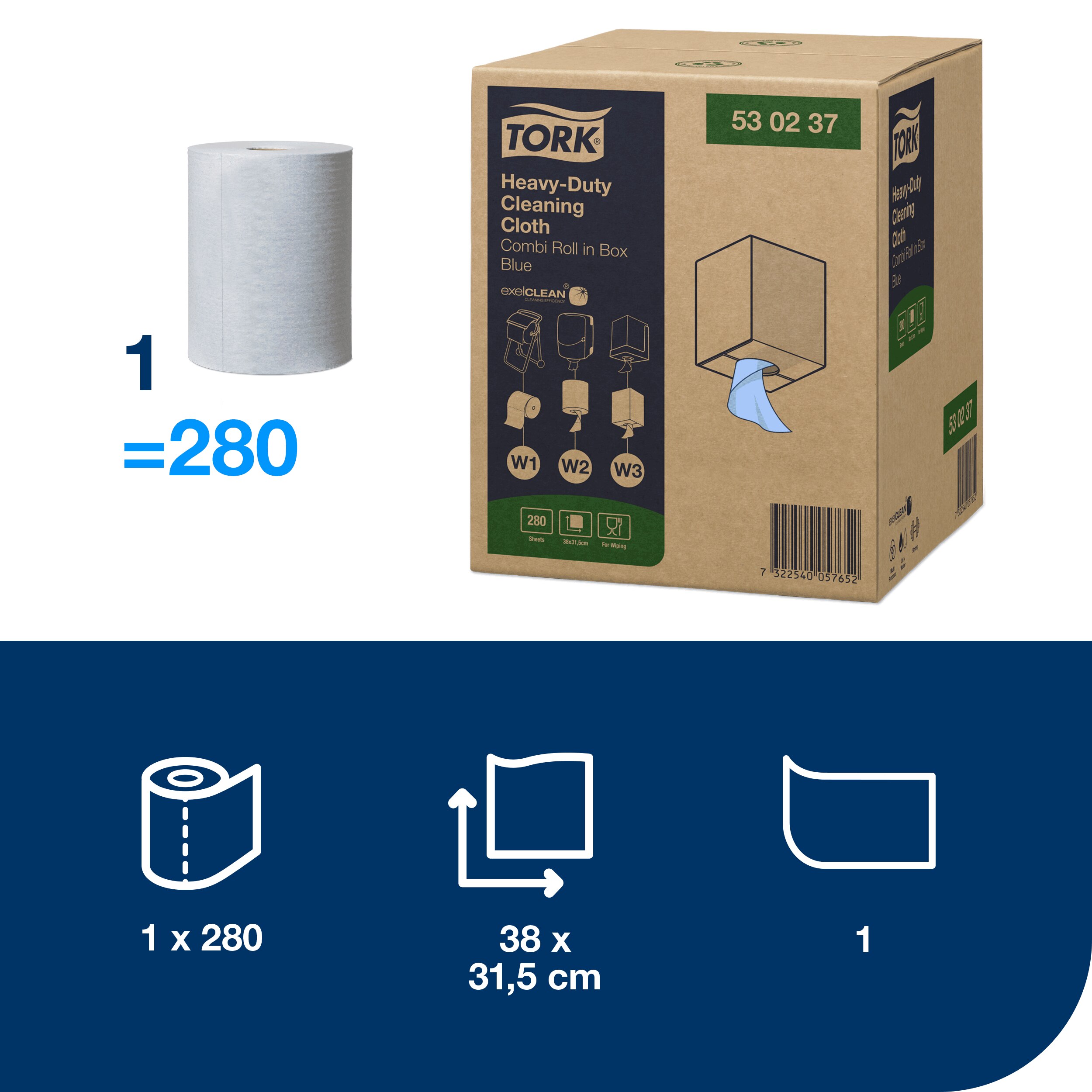 Aftørringsrulle, Udvendig oprulning og centertræk, 1 lag, 1 rulle, Tork Premium W1/W2/W3