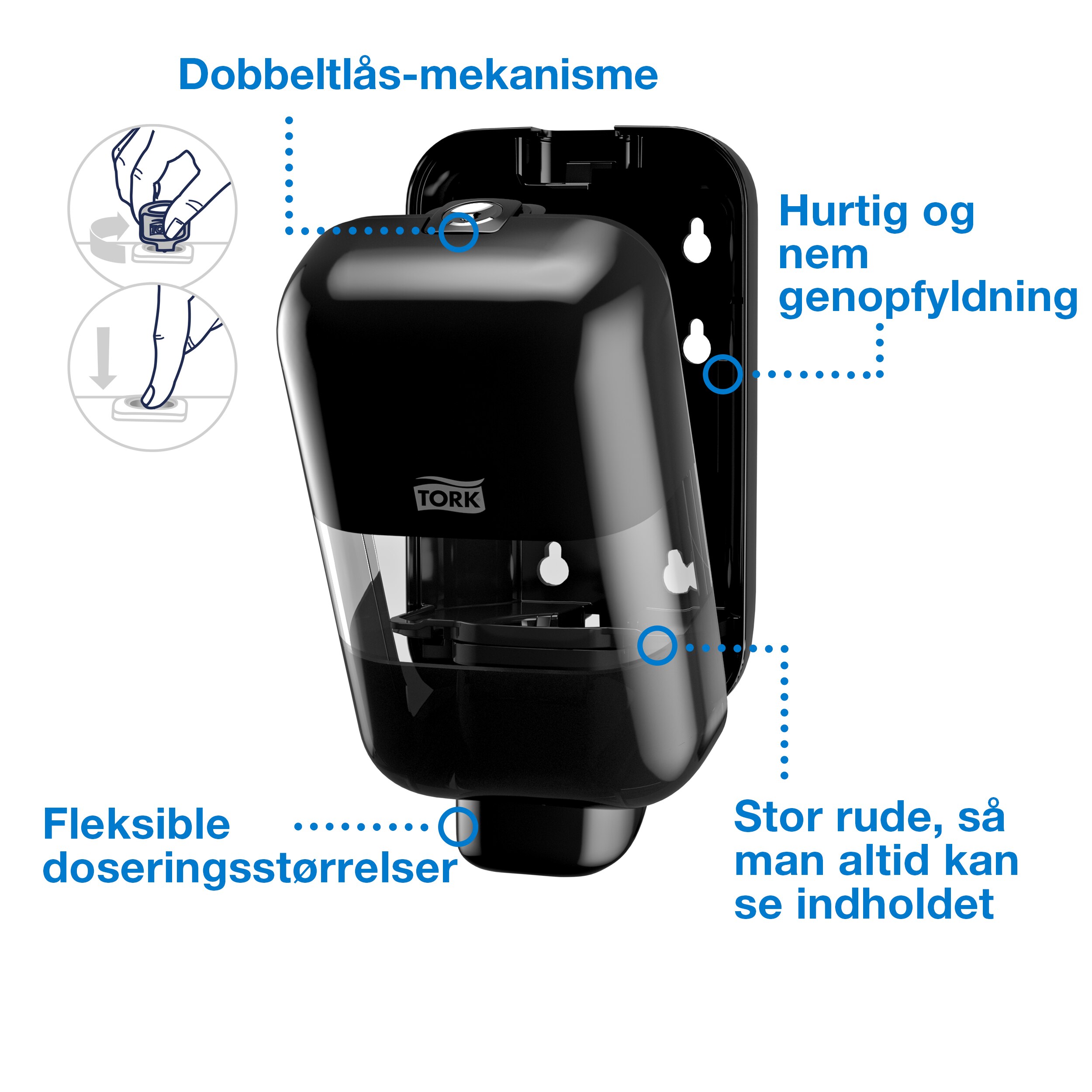 Dispenser, Til sæbe og hånddesinfektion, Trykknap, Sort, 525 ml refill, Tork Mini S5