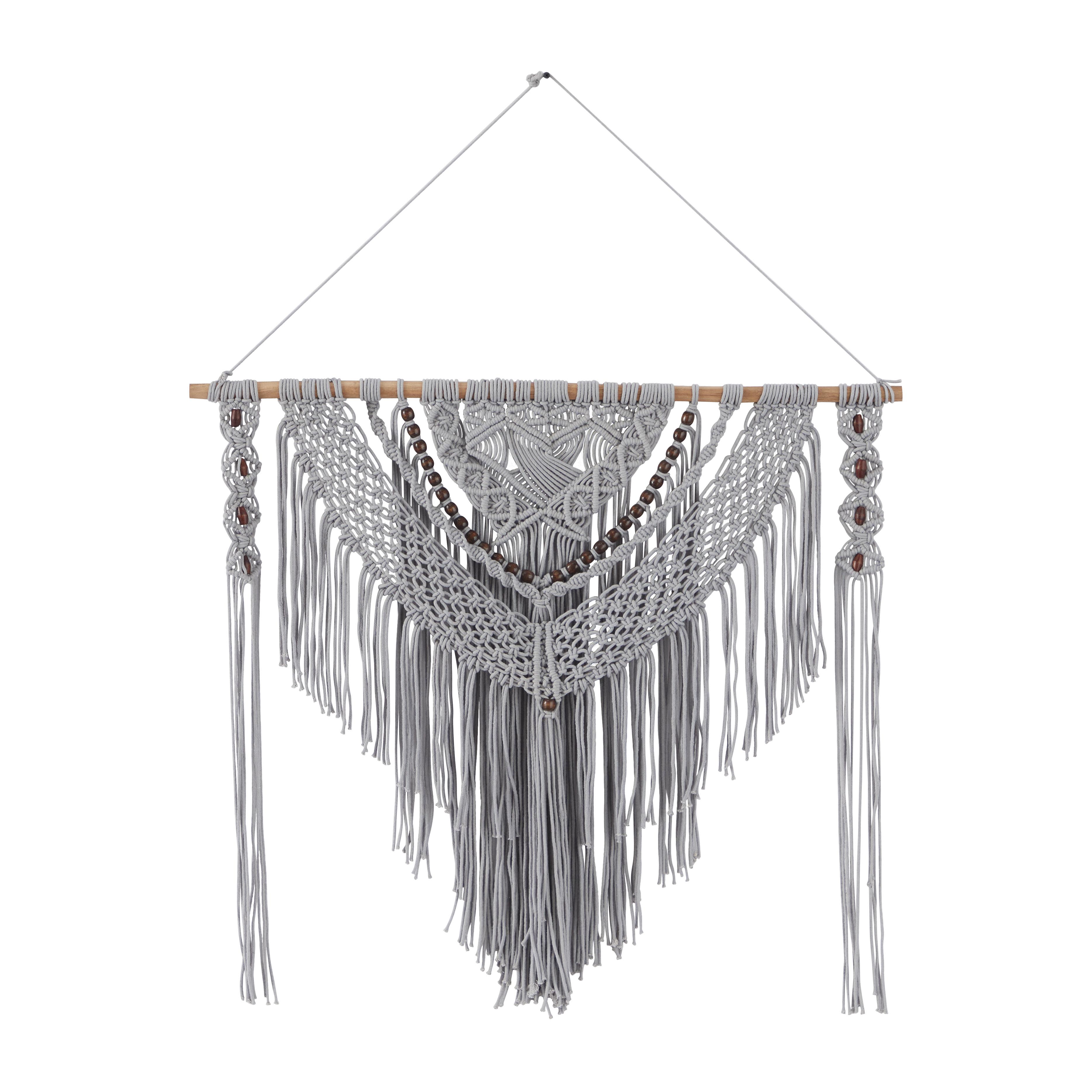 Gray Cotton Fabric Macrame Handmade Intricately Weaved Wall Decor with Beaded Fringe Tassels, 36" x 1" x 46"