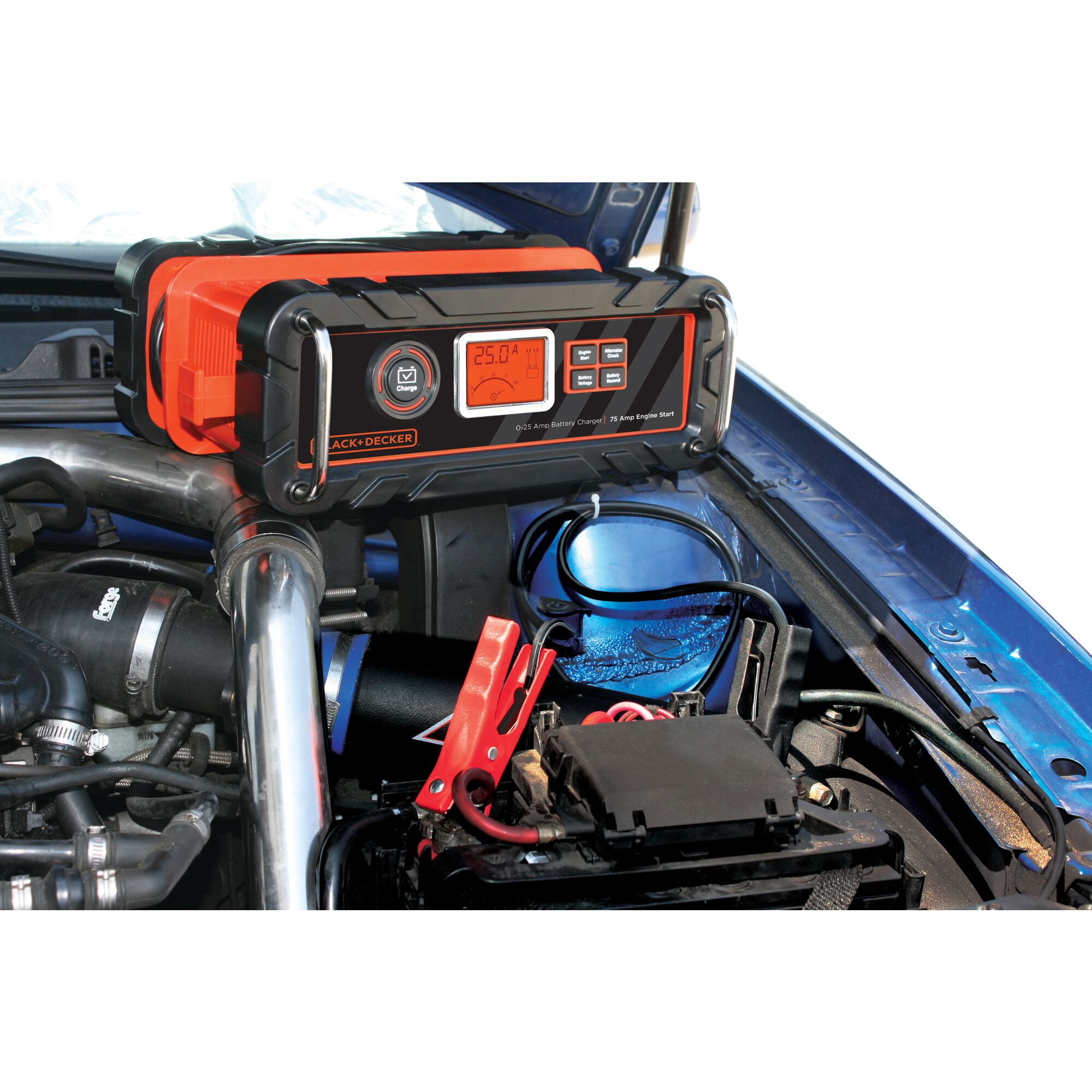Use of the BLACK+DECKER 25 Amp Battery Charger on top of a car engine