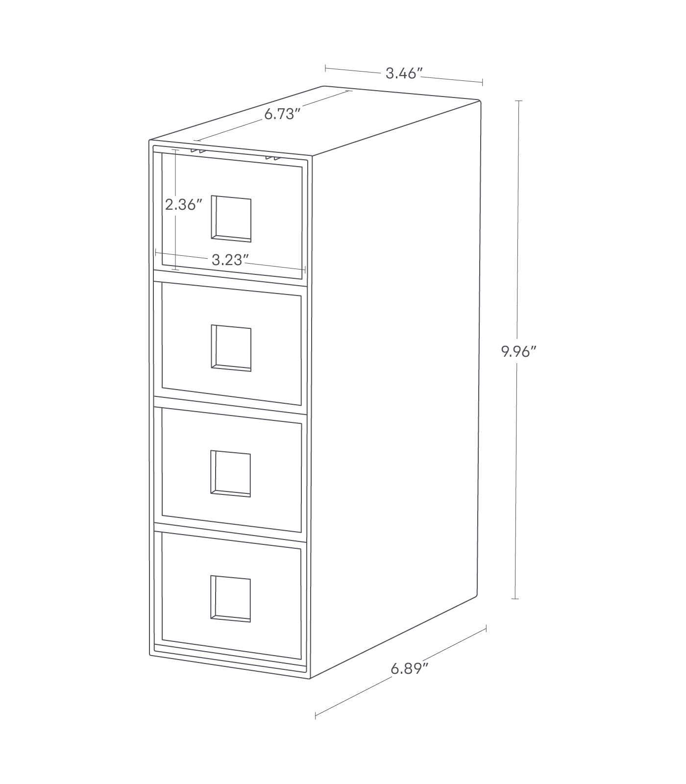 Dimension image for Storage Tower with Drawers showing length of 6.89