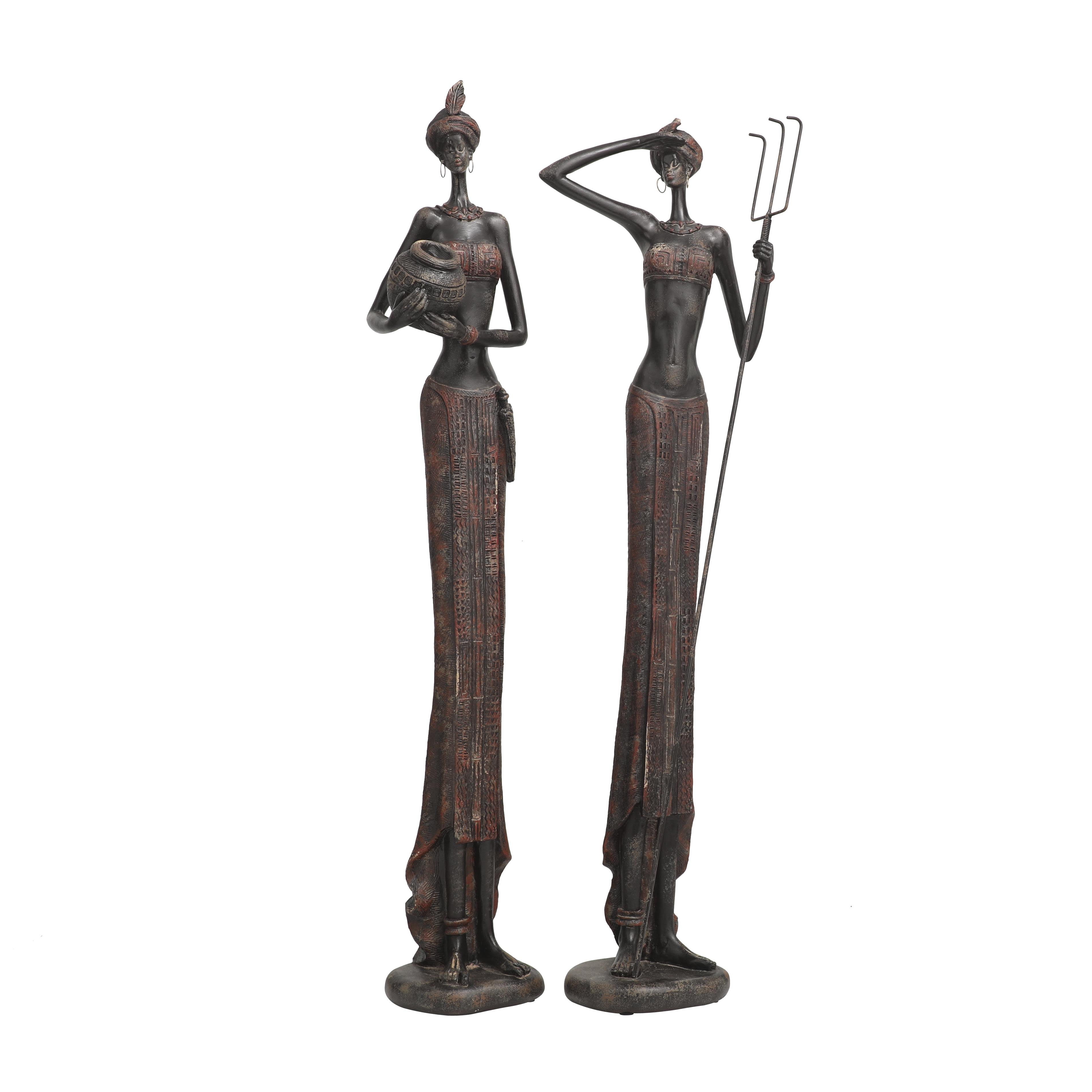 Red Polystone People Handmade Tall African Women Decorative Sculpture with Carved Dresswear, Set of 2 32", 32"H