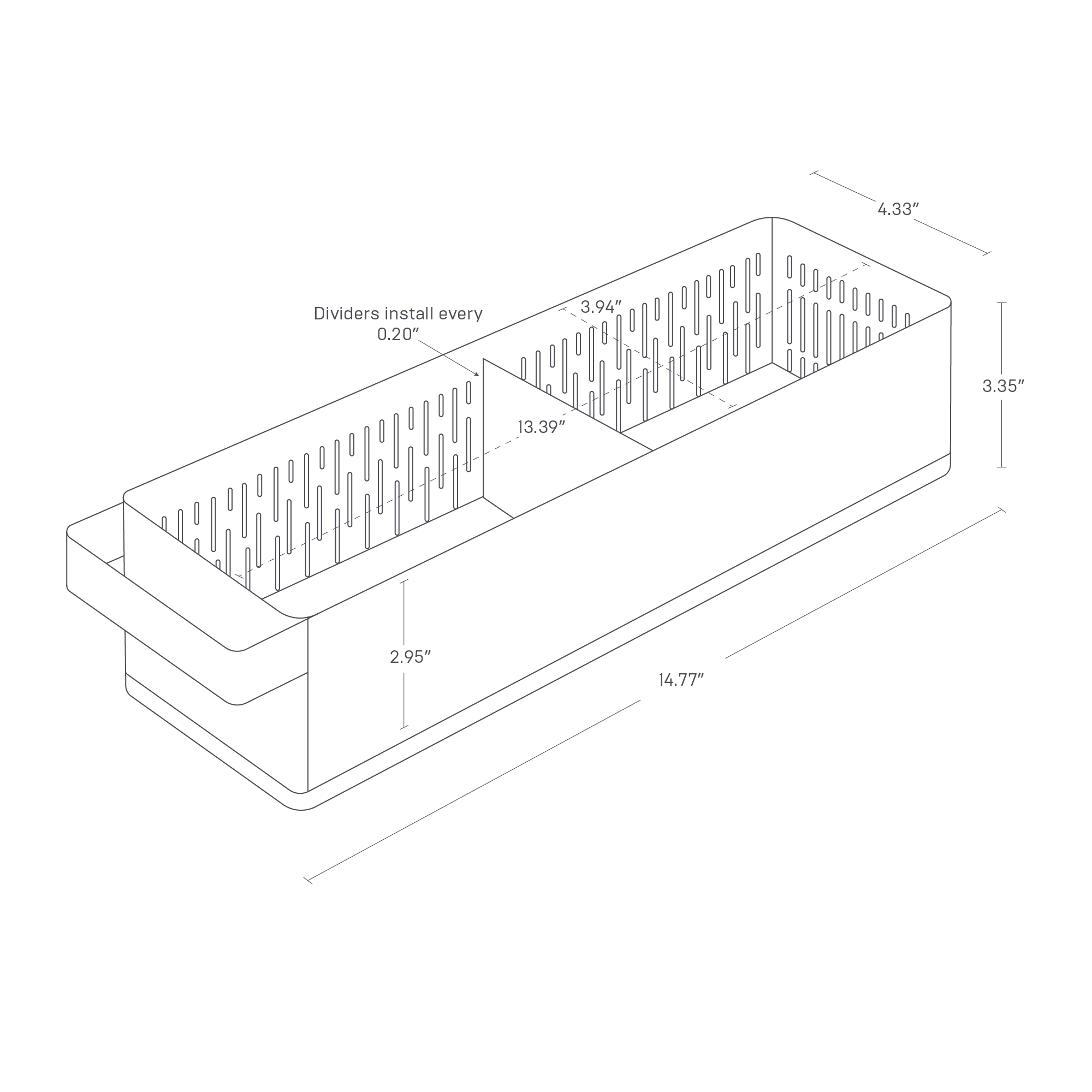 A detailed dimensions image of the refrigerator colander with lid & divider, featuring the dimensions 4.33 x 14.76 x 3.35 inches.