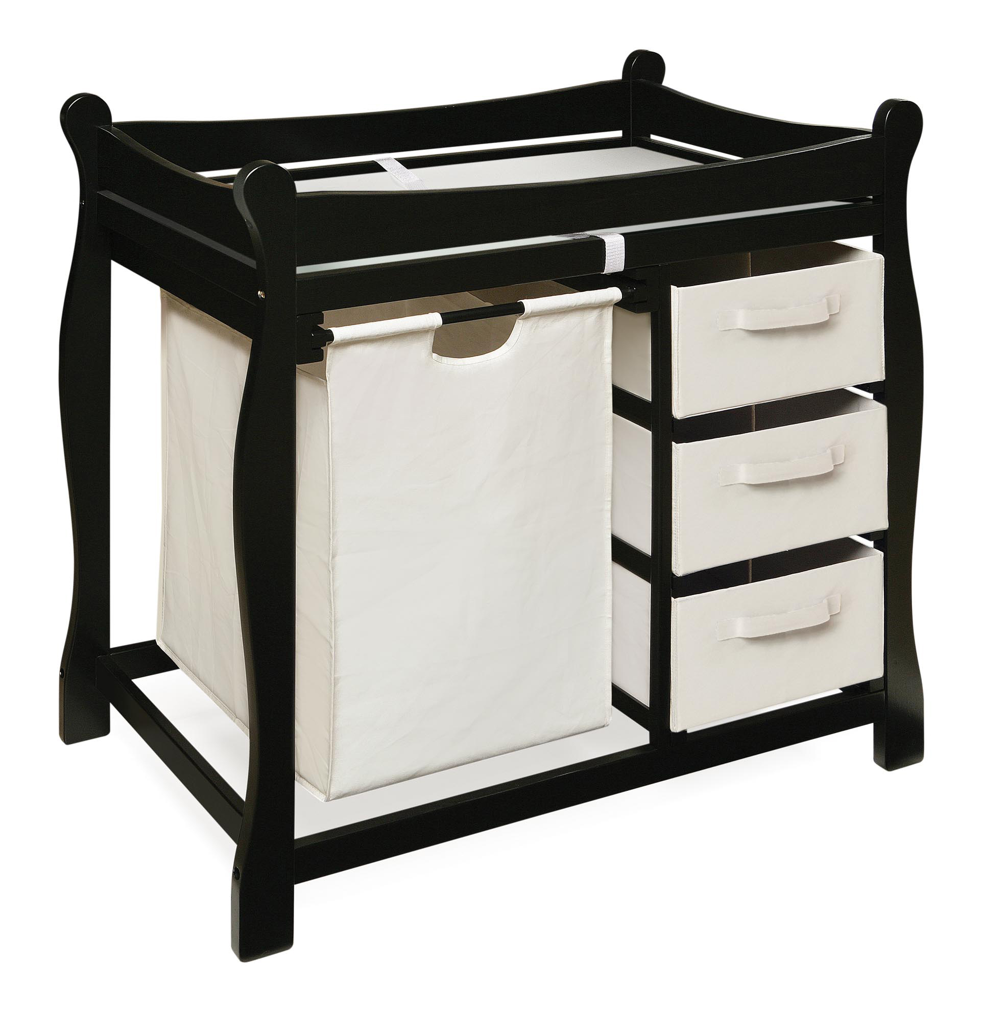 Sleigh Style Baby Changing Table with Hamper and 3 Baskets - Black