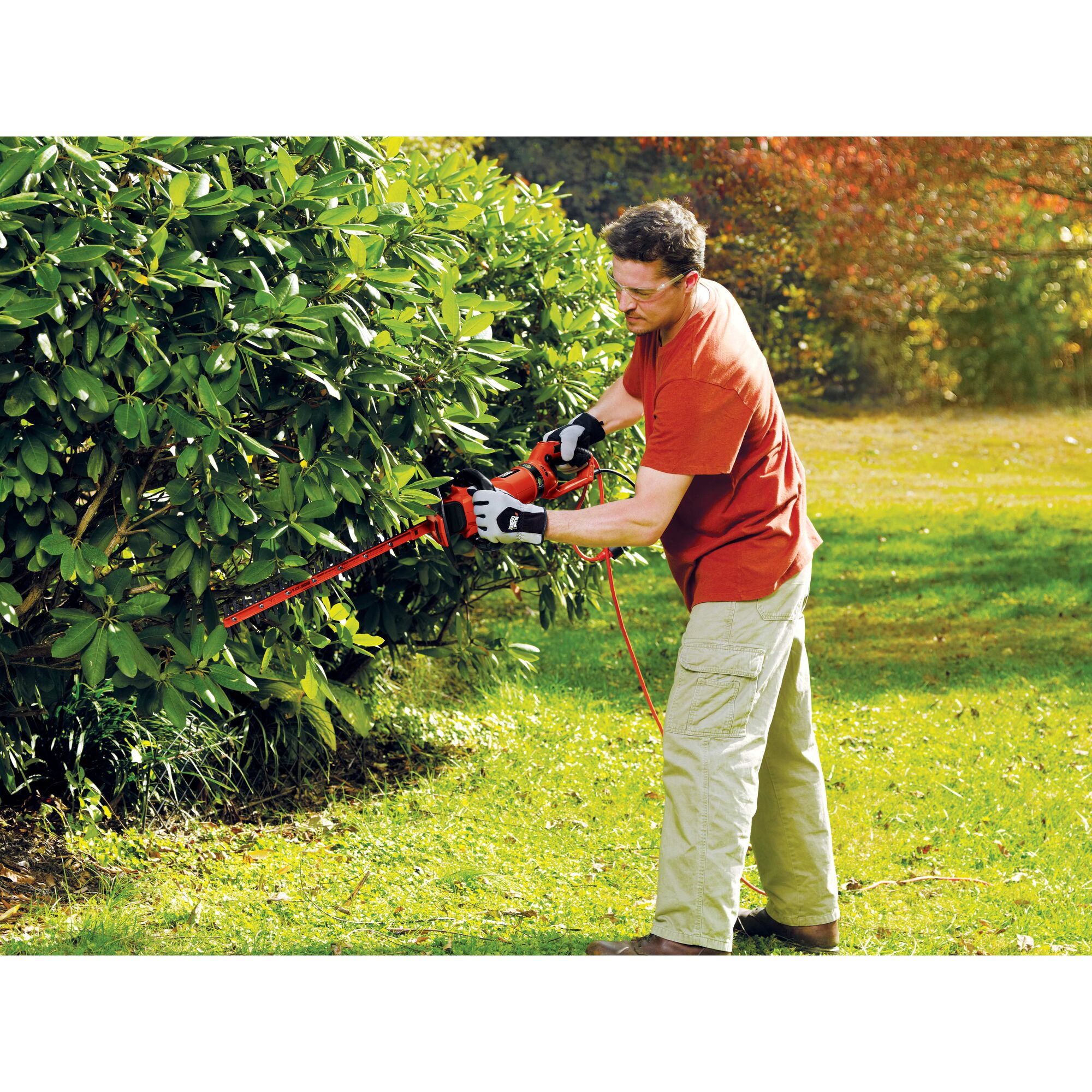 Hedge trimmer with rotating handle being used by a person to trim bushes.