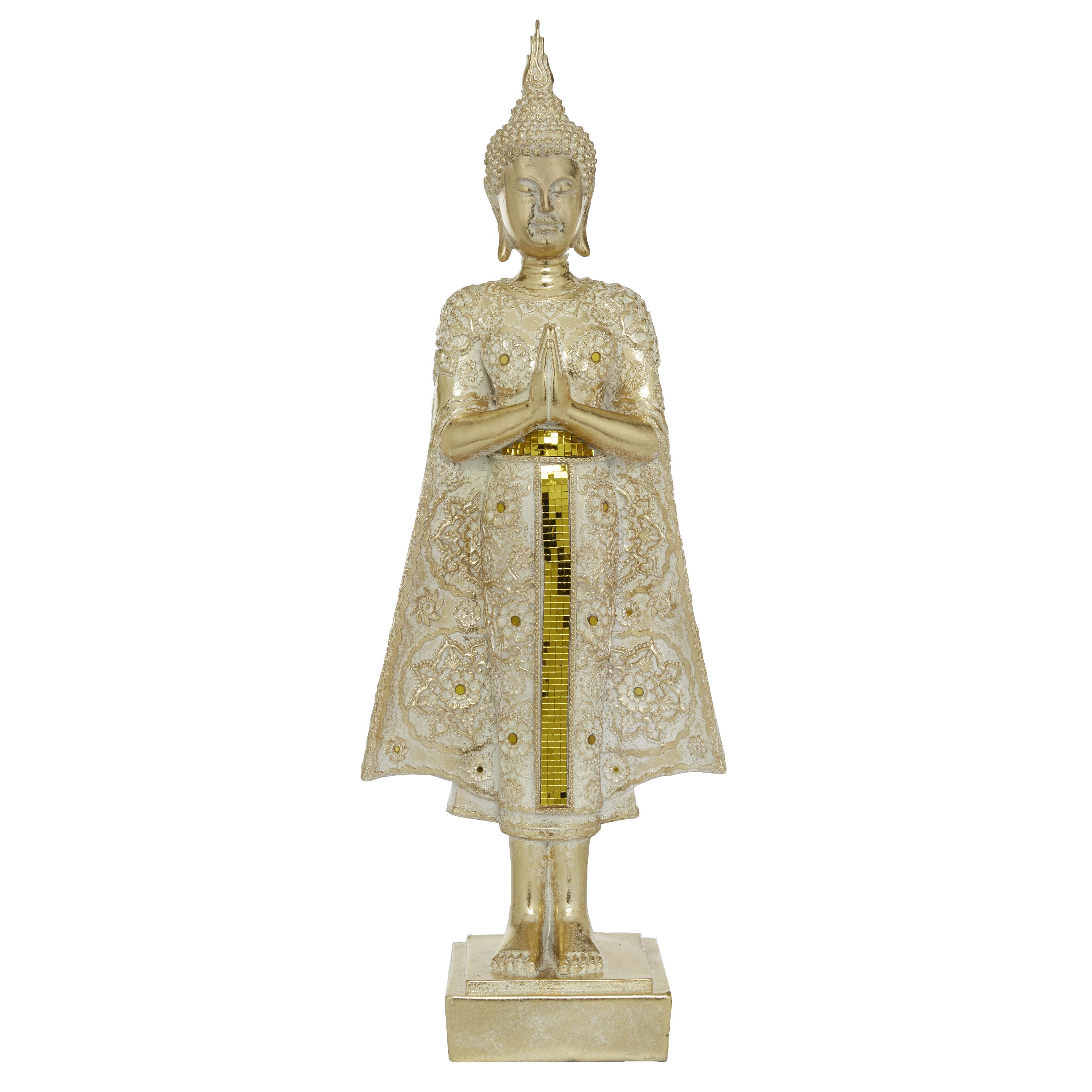 Gold Polystone Glam Buddha Sculpture with Engraved Carvings and Relief Detailing 9" x 6" x 25"