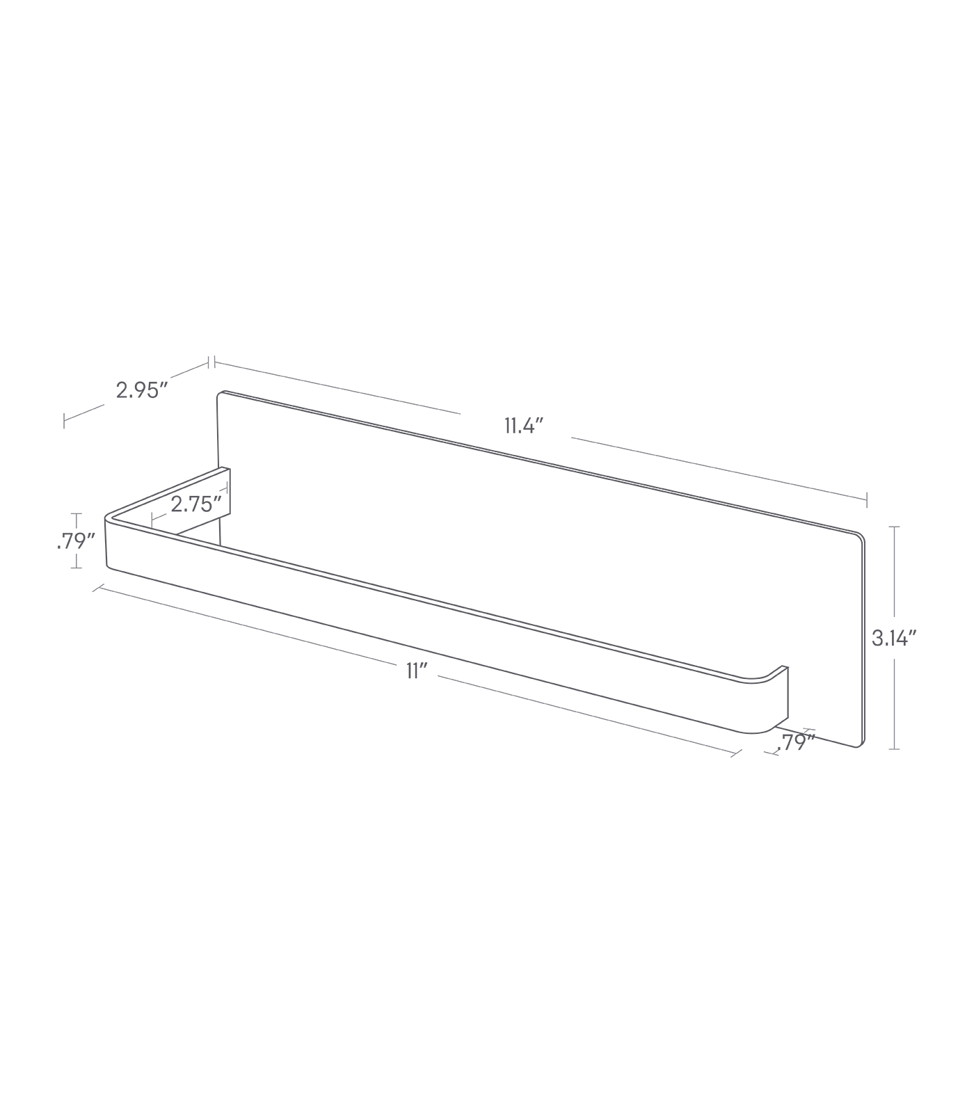 Dimenision image for Magnetic Paper Towel Holderon a white background showing total width of 11.4", length of 2.95", height of 3.14". The ber of the item shows width of 11", length of 2.75", height of 0.79". The other side of the bar shows length of 0.79".