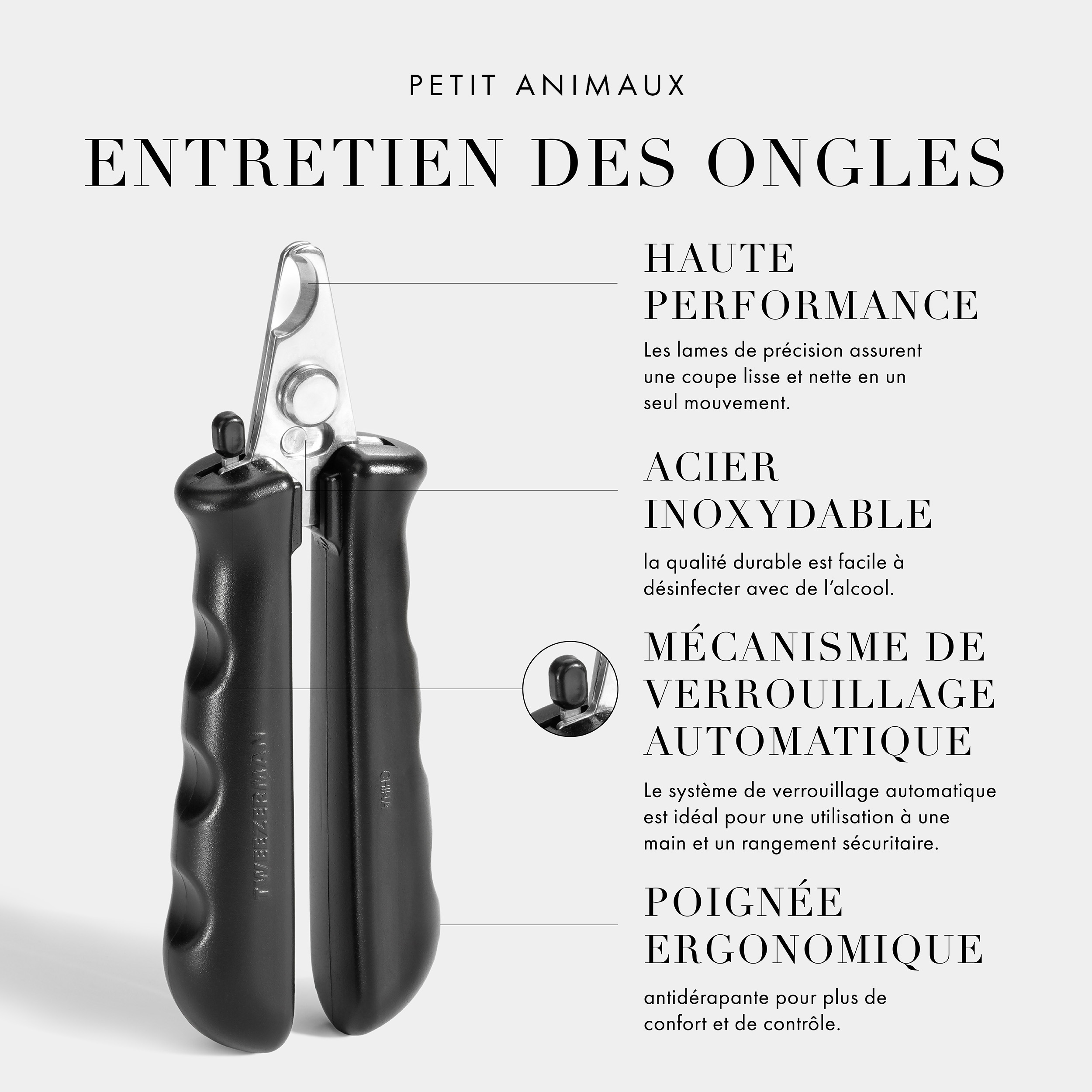 Essentiels pour le toilettage des petits animaux : Étape 1 Brosse de bain 2-en-1 pour shampooing et distribution : Le design à une main permet de nettoyer et de laver en profondeur la saleté du pelage de votre animal. Étape 2 Coupe-ongles de précision : Coupez les ongles facilement, avec des lames qui assurent une coupe lisse et nette. Étape 3 Brosse Slicker à pointe enduite : Démêlez doucement et retirez les poils lâches pour lisser et coiffer le pelage de votre animal. *Les produits ne sont pas à l’échelle.