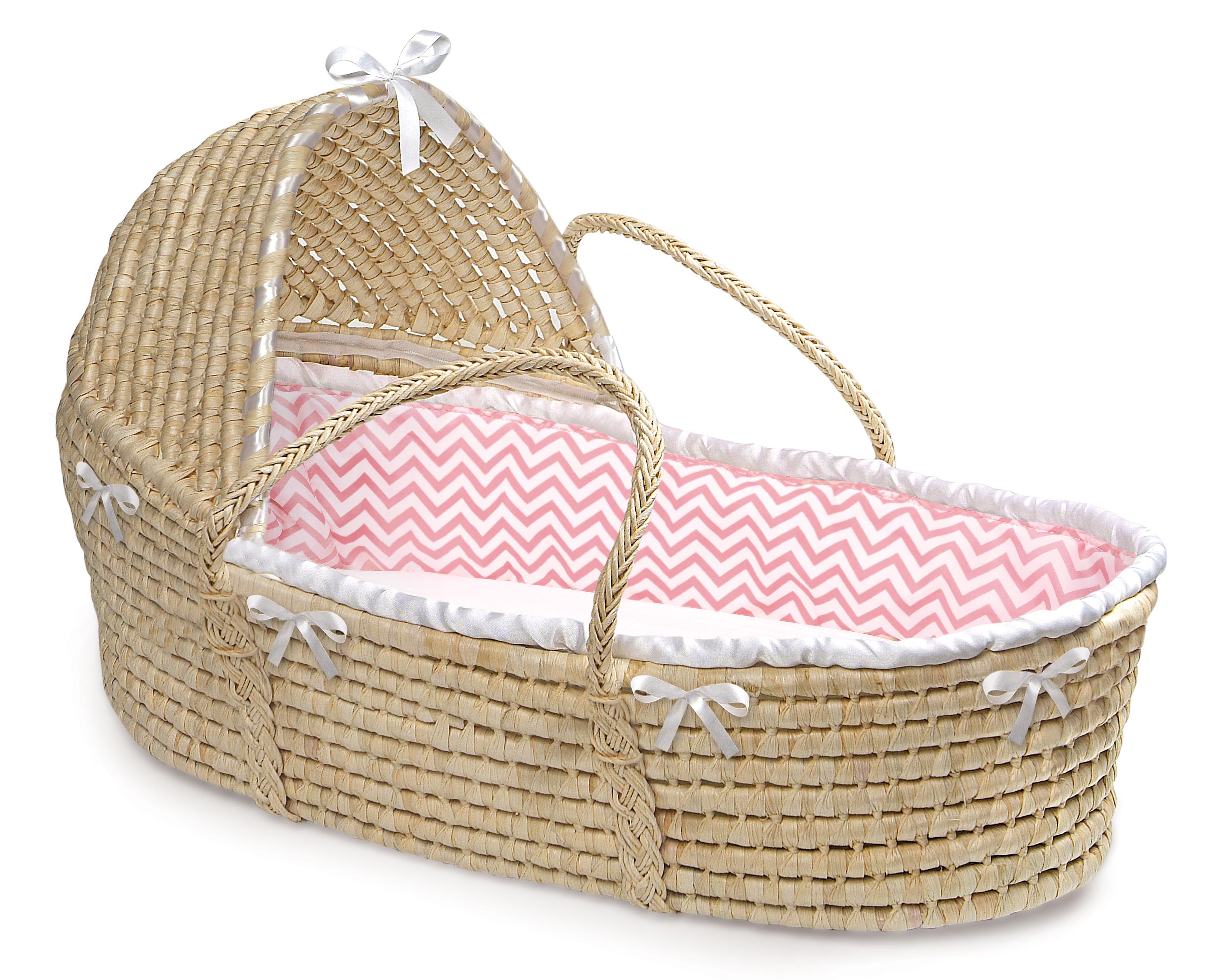 Natural Hooded Moses Basket - Pink Chevron Bedding