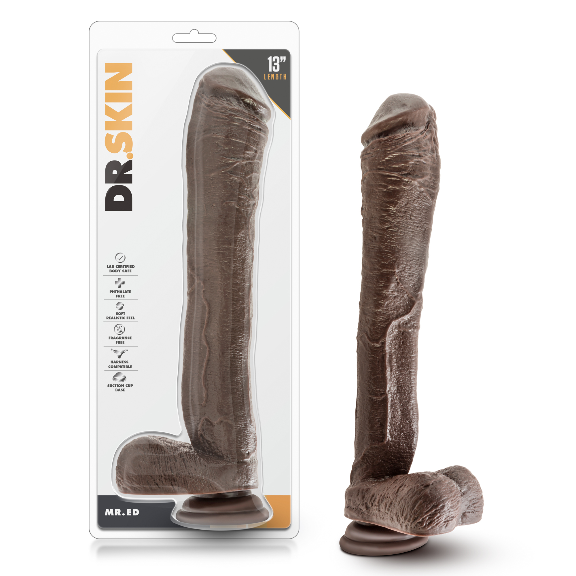 Dr. Skin - Mr. Ed 13 Inch Dildo with Suction Cup - Chocolate.