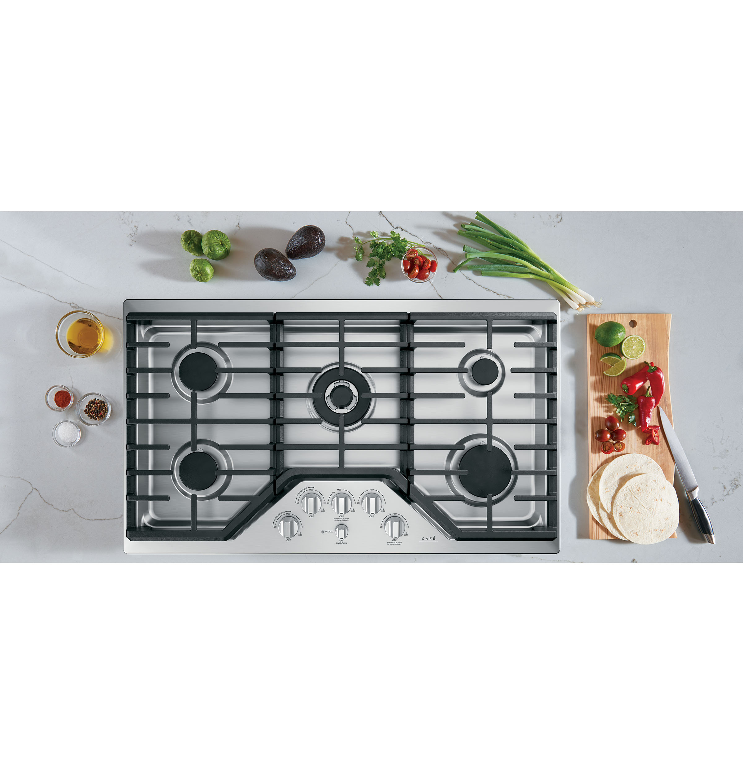 36" Width — Gas Cktp — 5 Burners — 20,000 BTU Tri-Ring Power Boil Burner — Cast Iron Griddle Incl — ADA Compliant — Not Connectable view 3