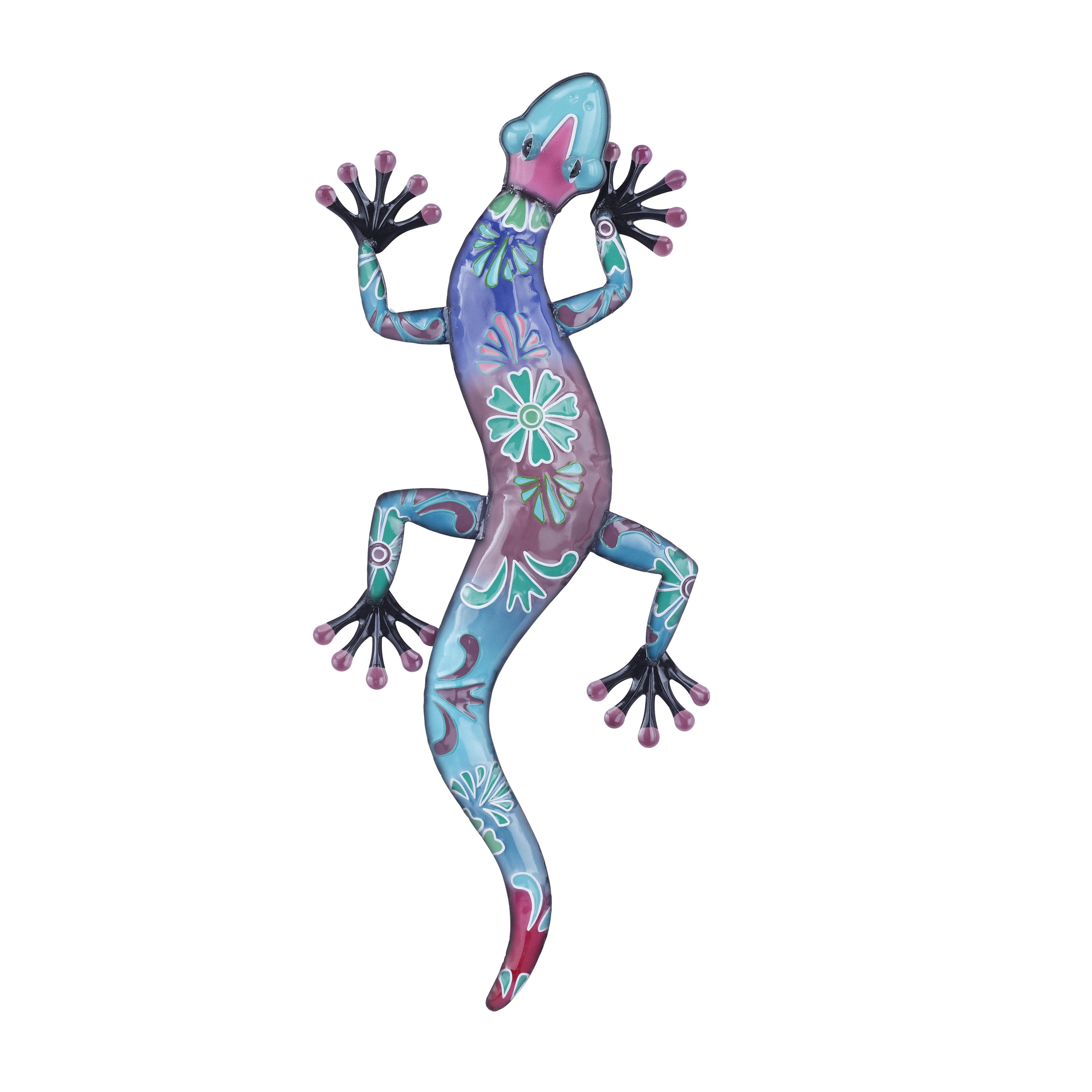 Blue Metal Lizard Indoor Outdoor Floral Patterned Home Wall Decor with Purple and Teal Accents, 18" x 3" x 33"