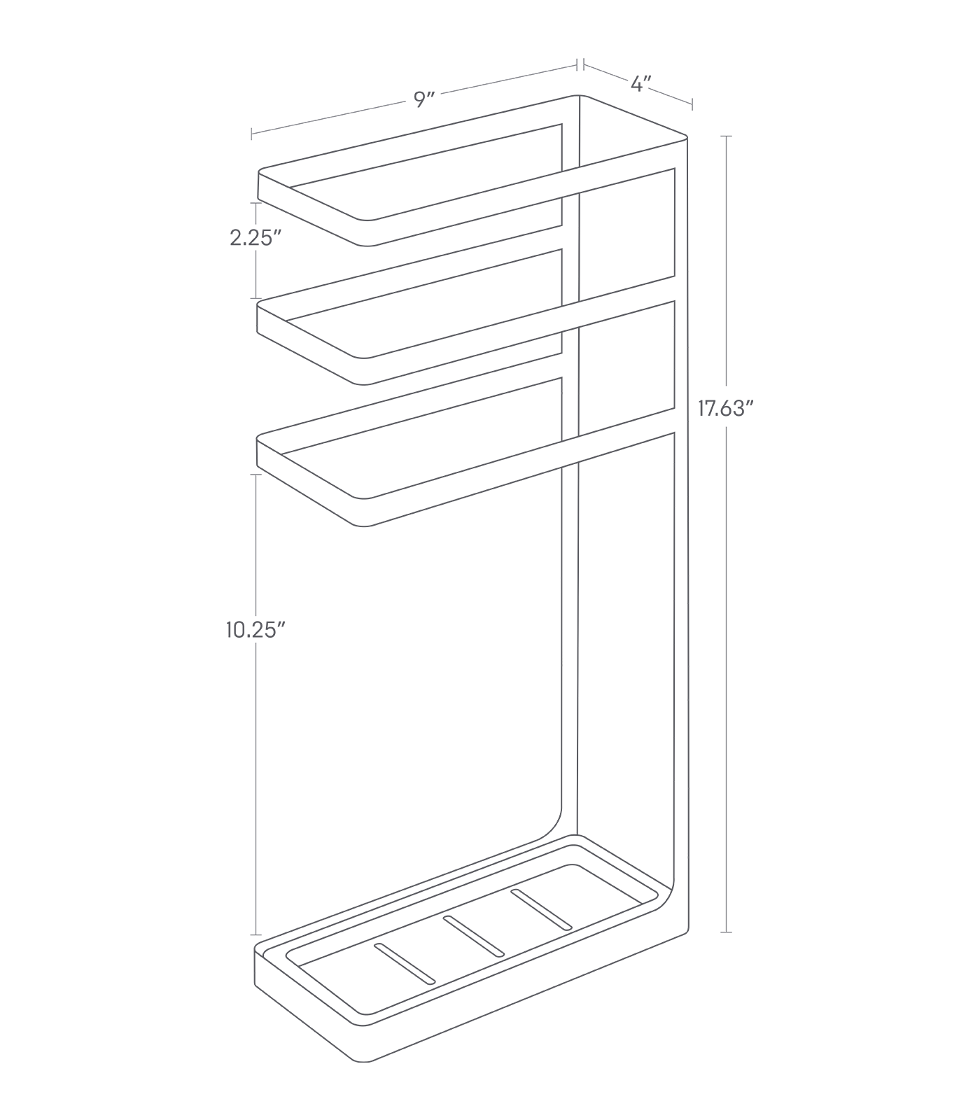 LAYER Umbrella Stand. 17.63 inches tall, 9 inches long, 4 inches wide. Lowest tier 10.25 inches from base.