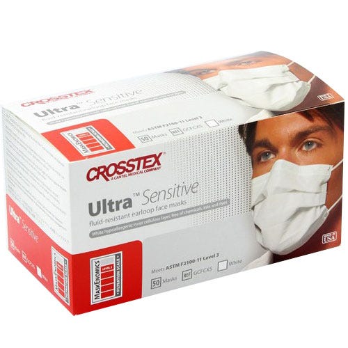Ultra Sensitive Earloop Mask, Level 3, White, DyeFree, 50/Box