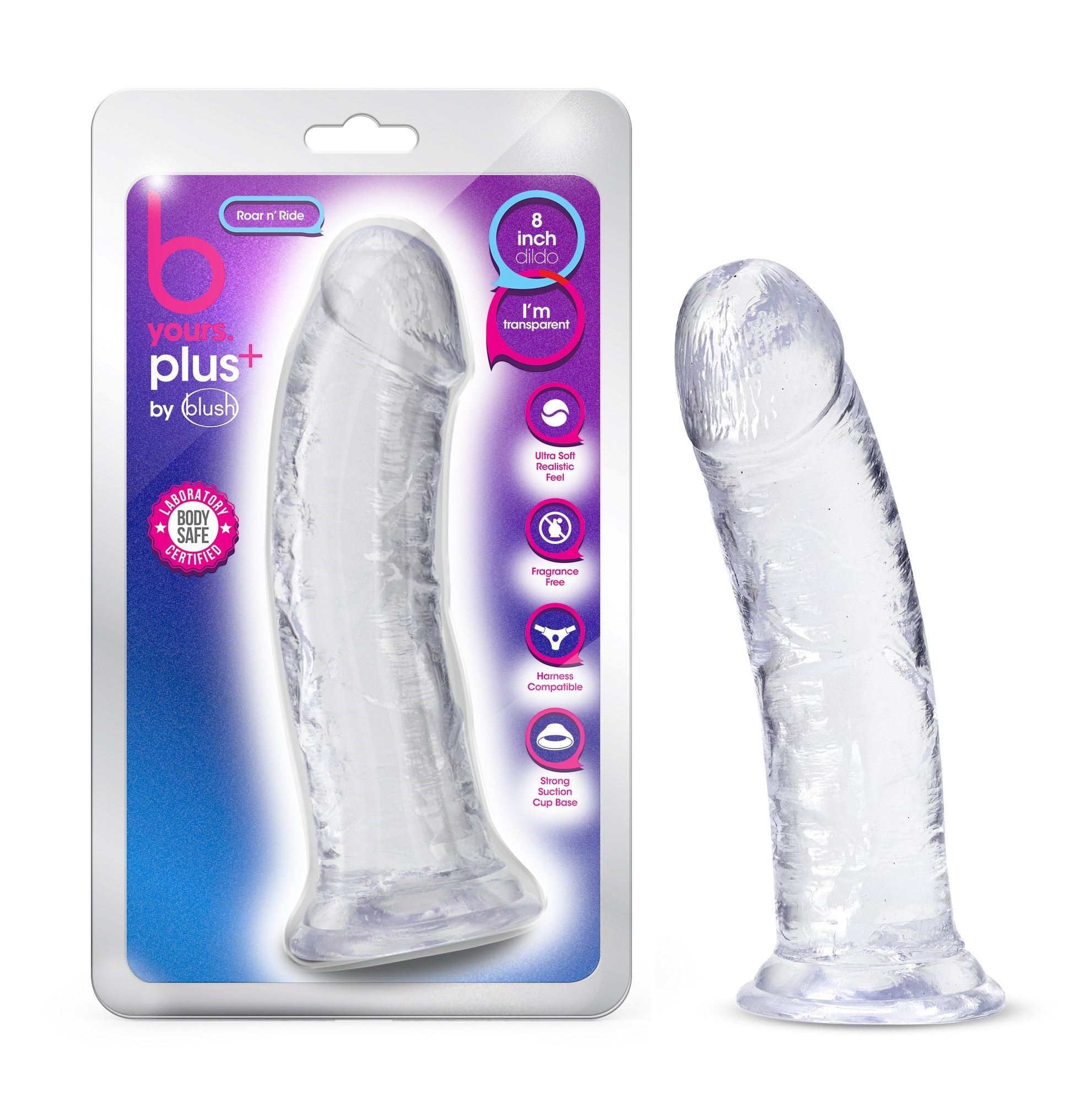 Blush B Yours Plus Roar N? Ride Realistic Clear 8-Inch Long Dildo With Suction Cup Base