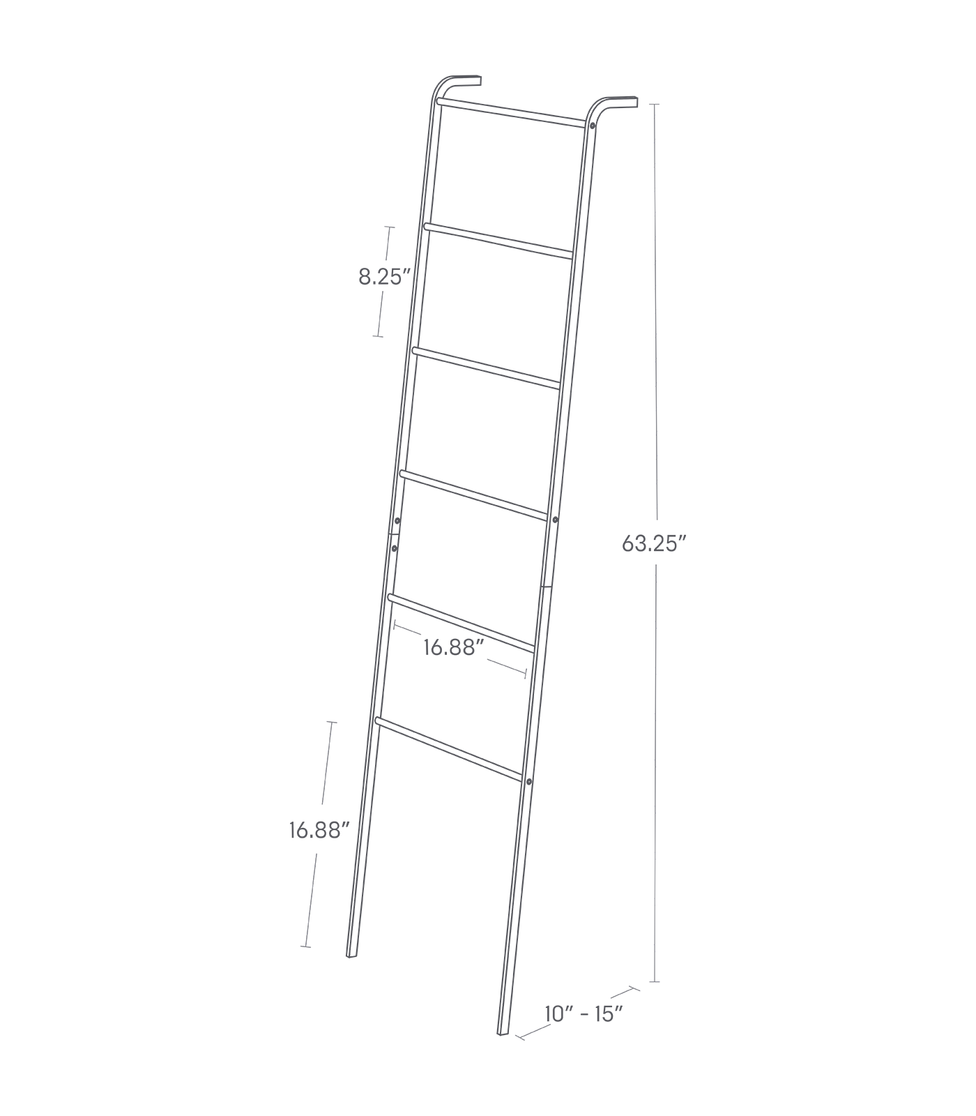 Dimension Image for Leaning Storage Ladder on a white background showing height of 63.25 inches, distance from wall to bottom of ladder between 10 inches and 15 inches, distance from floor to bottom rung of 16.88 inches, internal width of 16.88 inches, and distance between runghs of 8.25 inches.