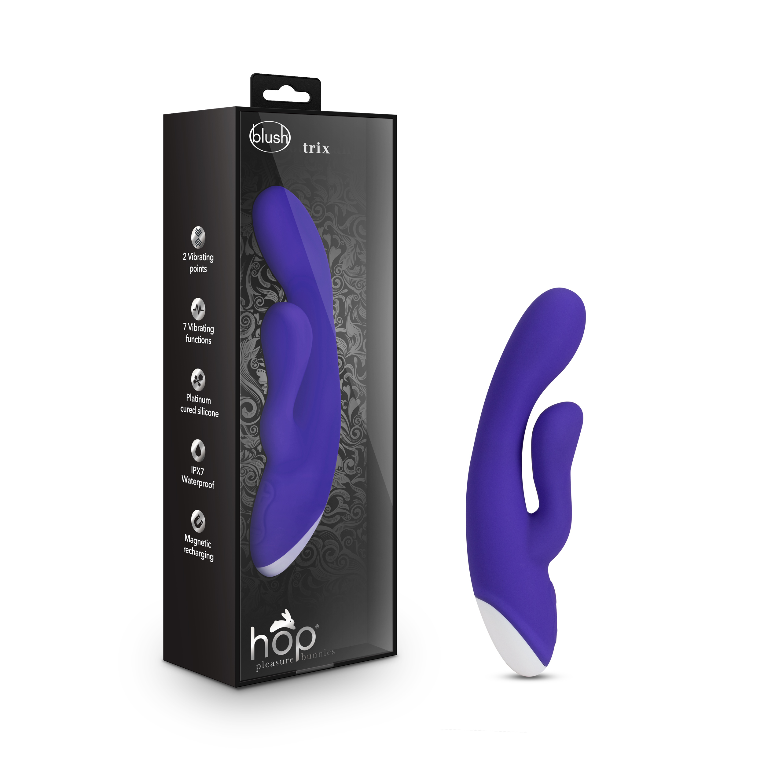 Blush Hop Trix G-Spot + Clitorial Stimulating Midnight 7-Inch Ultrasilk Silicone Rechargeable Rabbit Vibrator