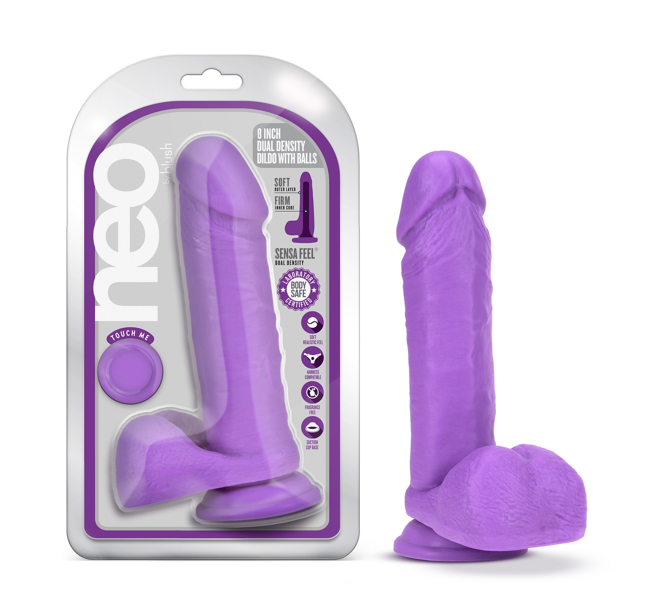 Blush Neo Realistic Neon Purple 8-Inch Long Dildo With Balls & Suction Cup Base