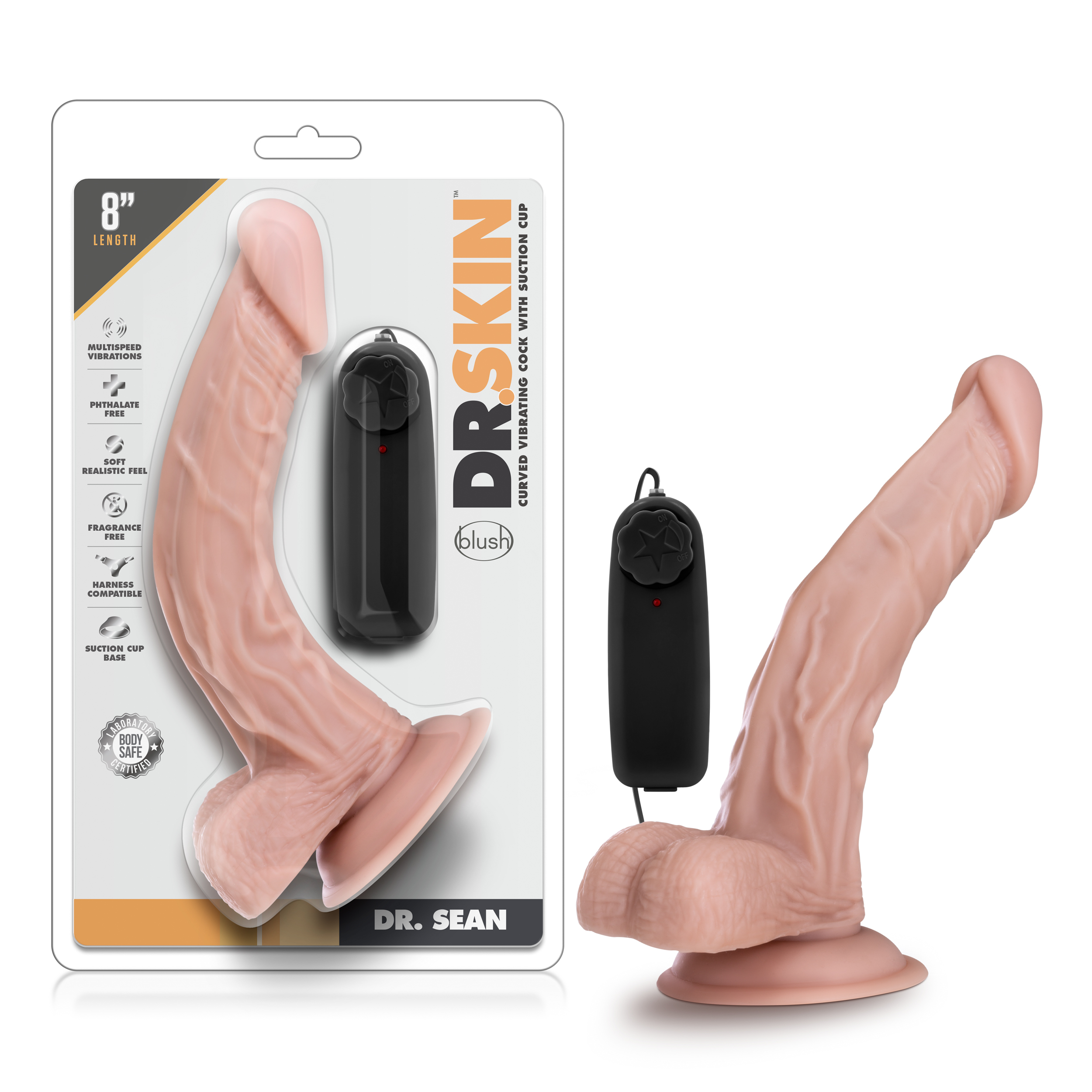 Blush Dr. Skin Dr. Sean Realistic G-Spot Vanilla 8-Inch Long Remote Control Vibrating Dildo With Suction Cup Base