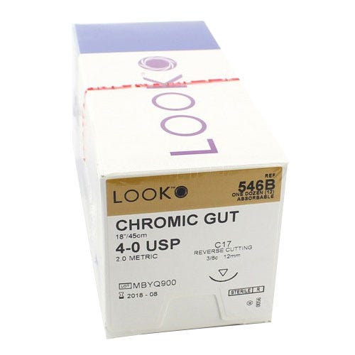Chromic Gut Suture, 4-0, C-17, Reverse Cutting, 18" - 12/Box