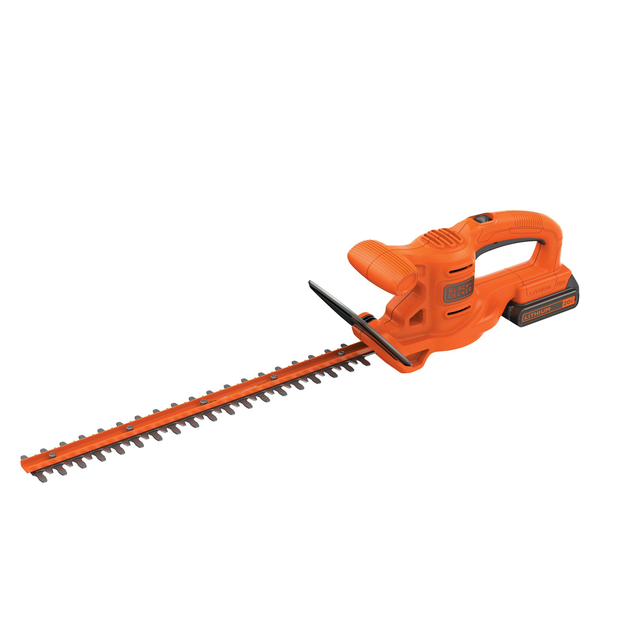 Profile of 20 volt 18 inch cordless hedge trimmer.