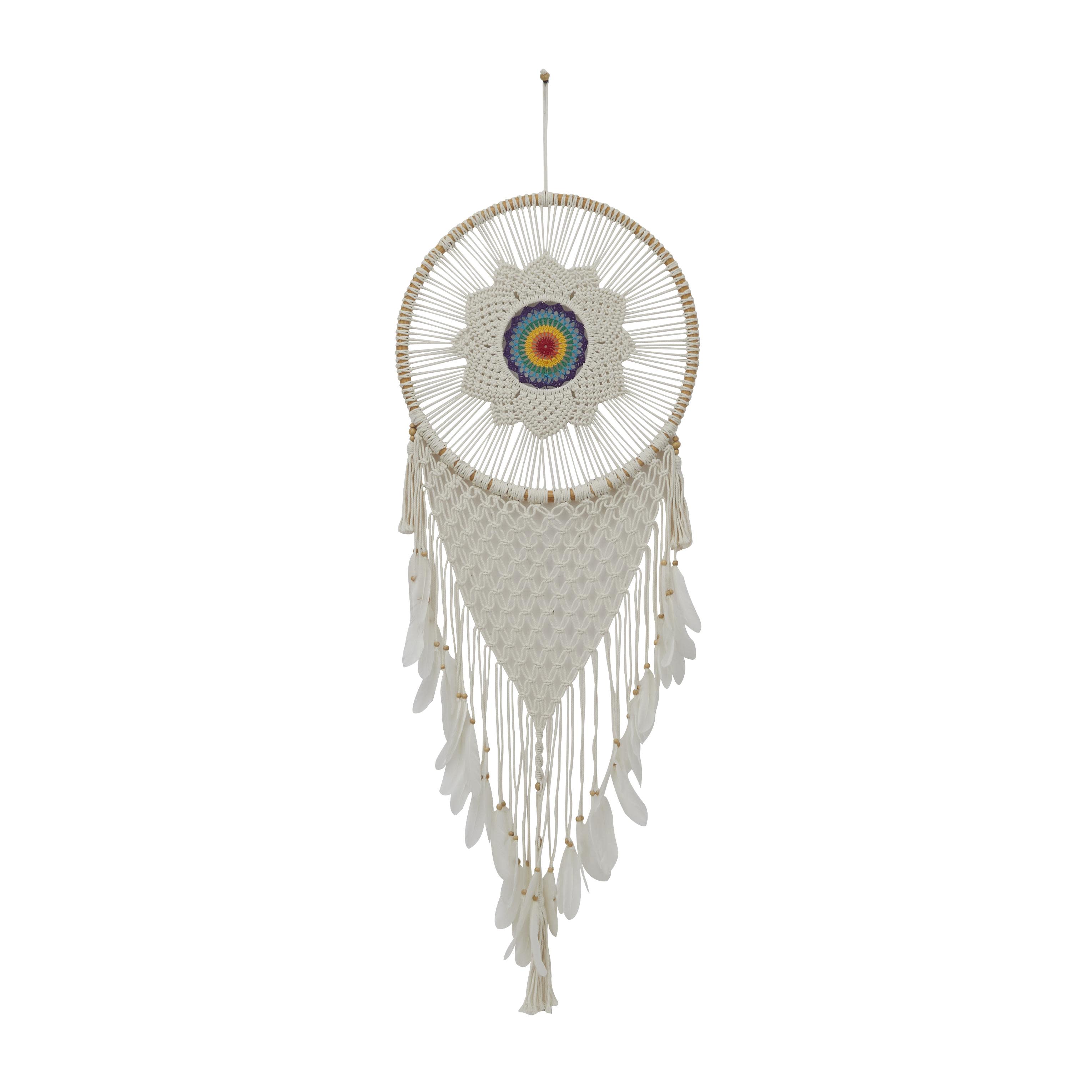 White Cotton Fabric Macrame Handmade Intricately Woven Dreamcatcher Wall Decor with Beaded Fringe Tassels, 21\" x 1\" x 63\" 12 pack
