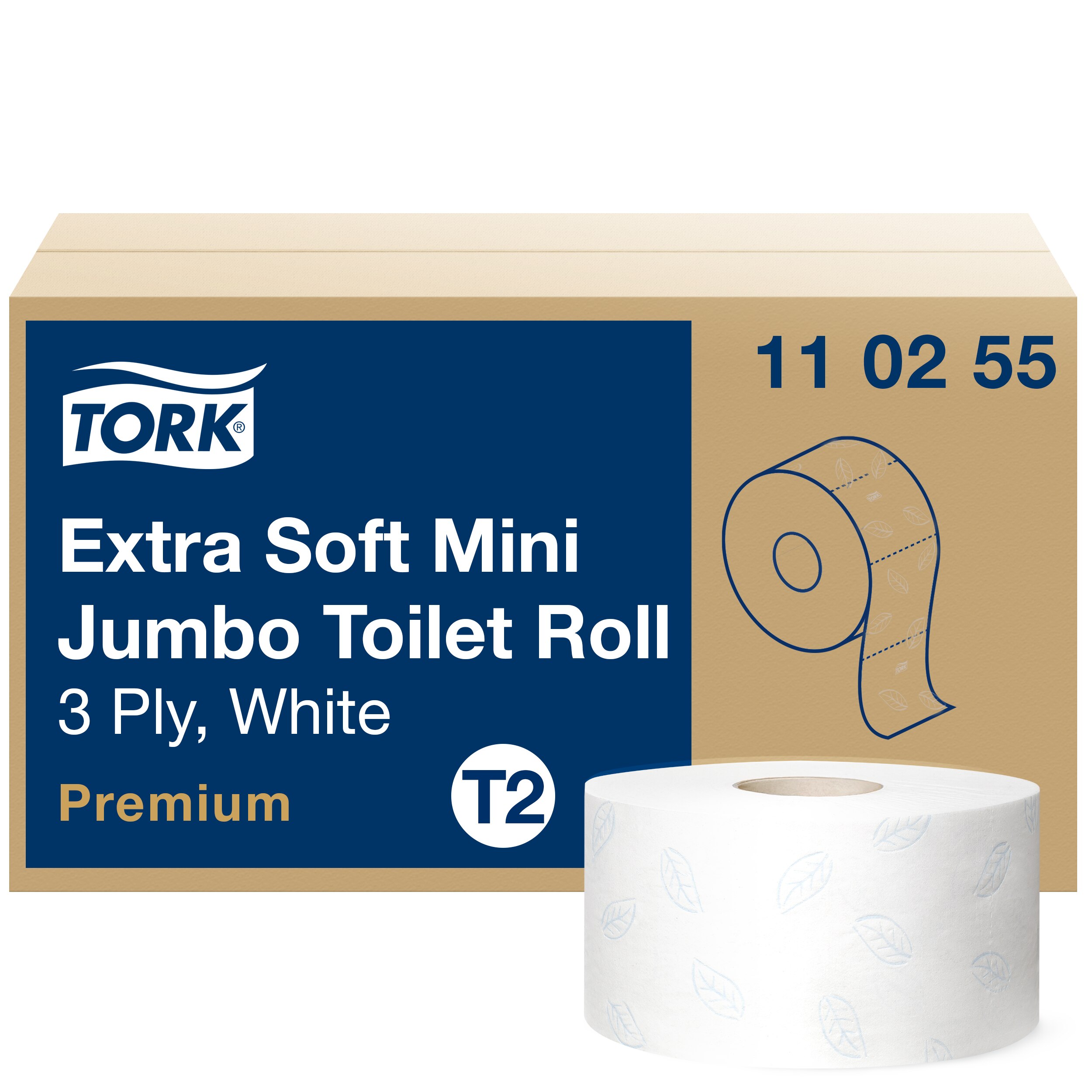 Toiletpapir, Udvendig oprulning, 3 lag, 12 ruller, Tork Premium Extra Soft Jumbo Mini T2