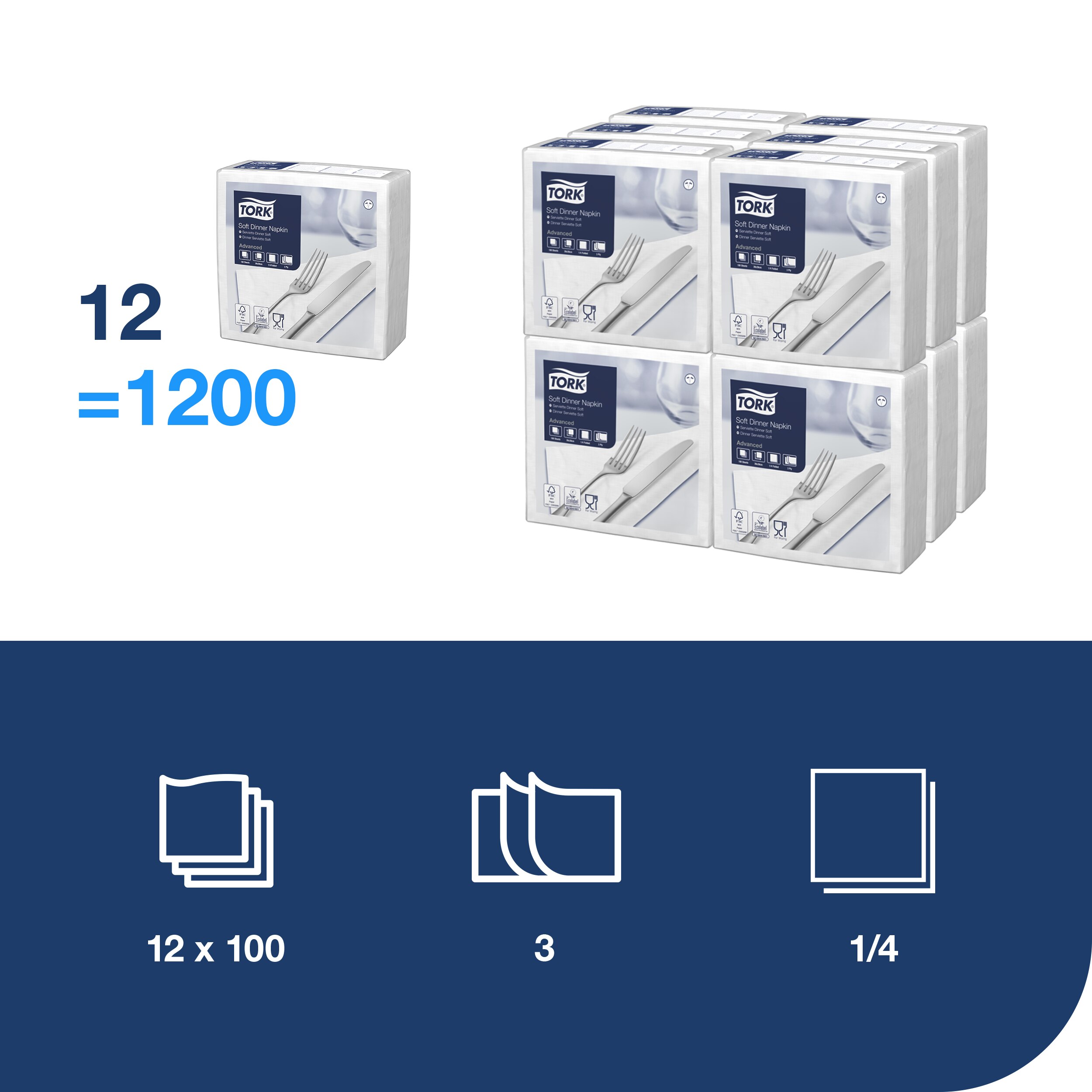 Servietter, 3 lag, Hvid, 40x40 cm, 1200 stk, Tork Advanced