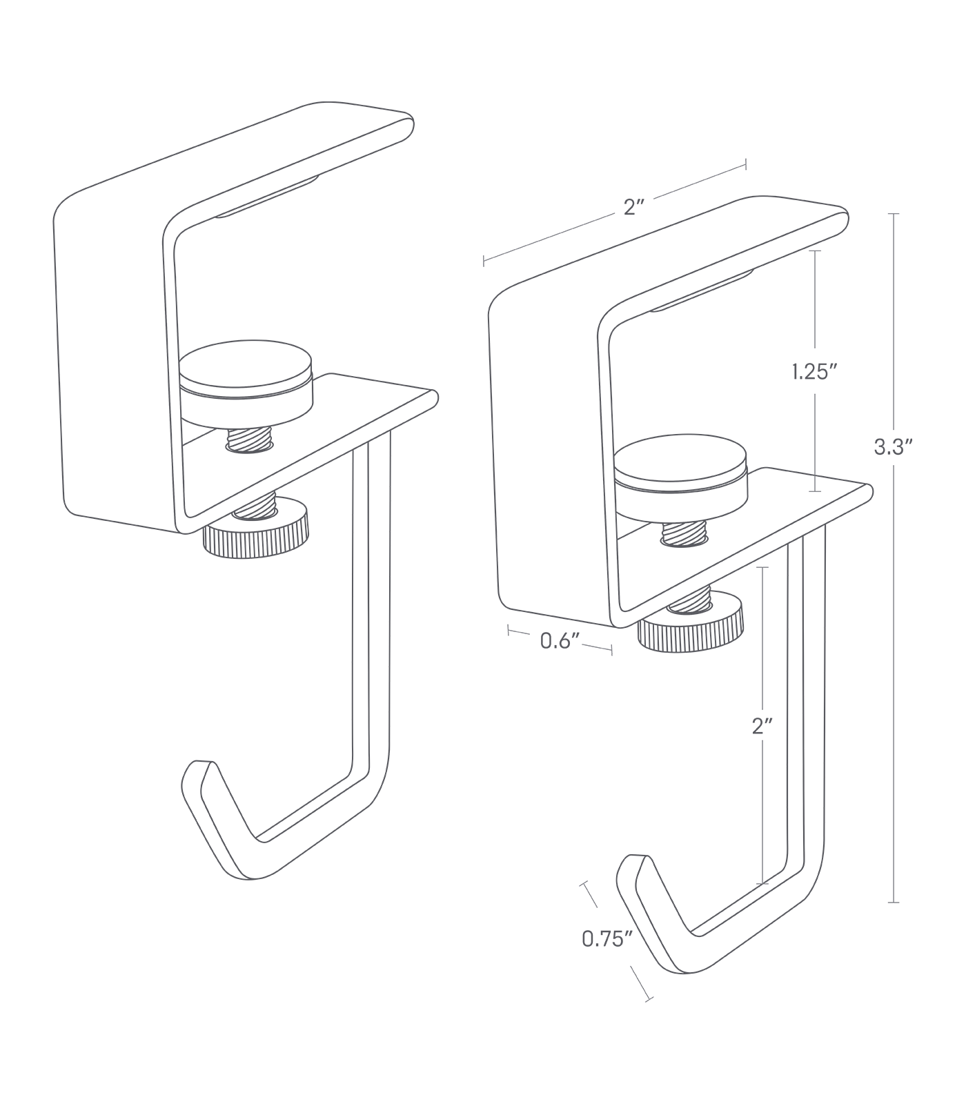 Dimension image of Under-Shelf Hooks with a total depth of 2", total height of 3.3", and width of 0.6". The hook height is 2", and the hook ends are 0.75" long. The width between the top and middle steel bar that hooks onto the shelf is 1.25".