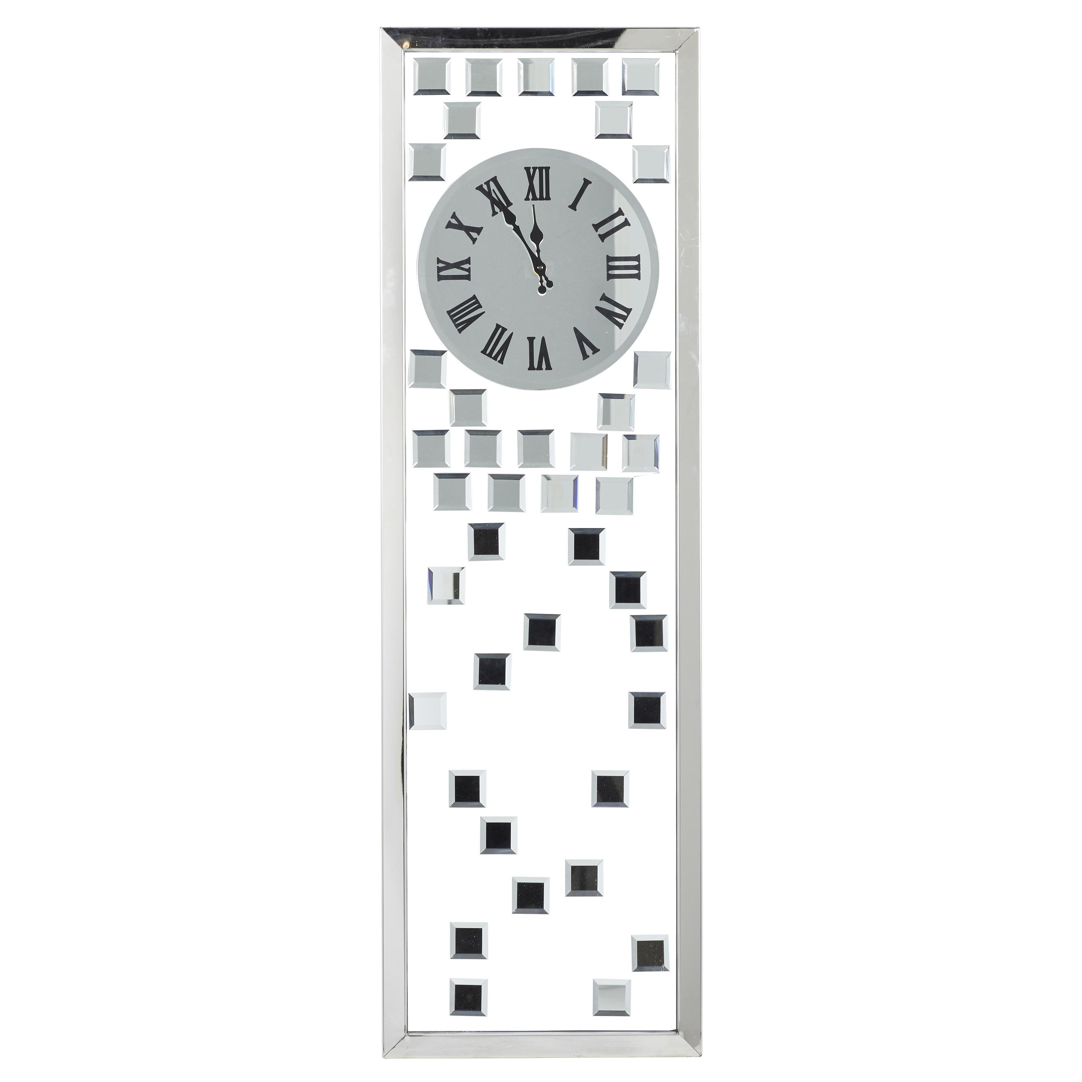 Silver Glass Geometric Beveled Mirrored Decorative Wall Clock, 13" x 1" x 42"