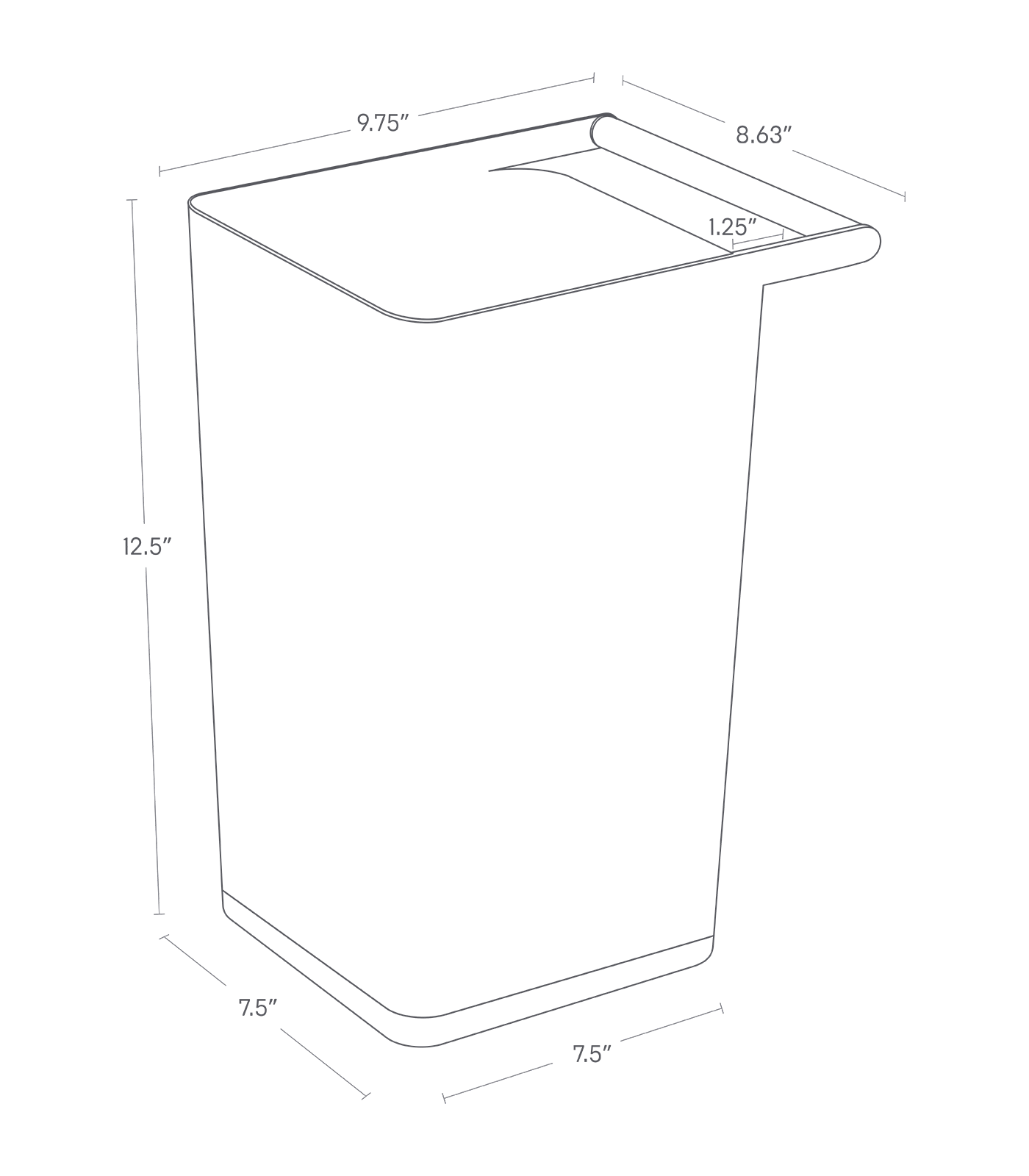 Dimension image for Trash Can showing a bottom length and width of 7.5" and height of 12.5". Top width of 9.75" and length of 8.63". Distance from handle to can is 1.26".