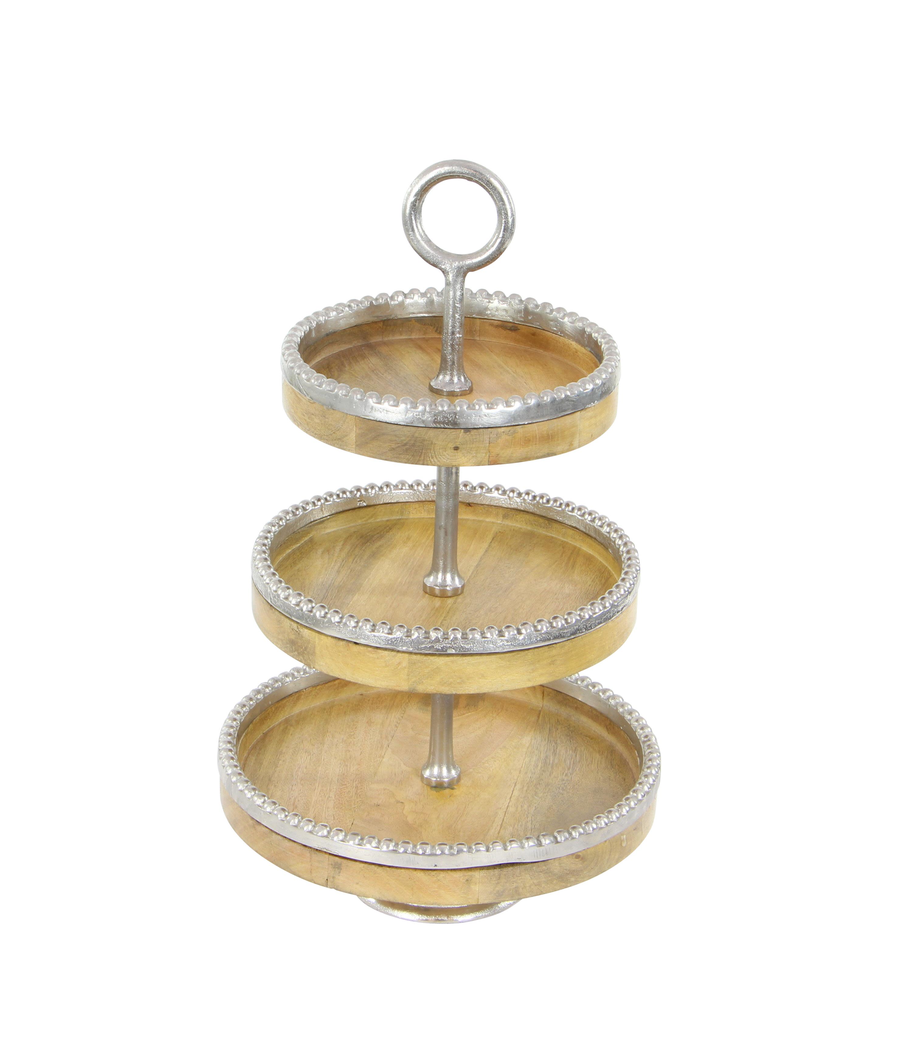 Brown Mango Wood  3 Level Tiered Server with Silver Accents, 14" x 14" x 25"