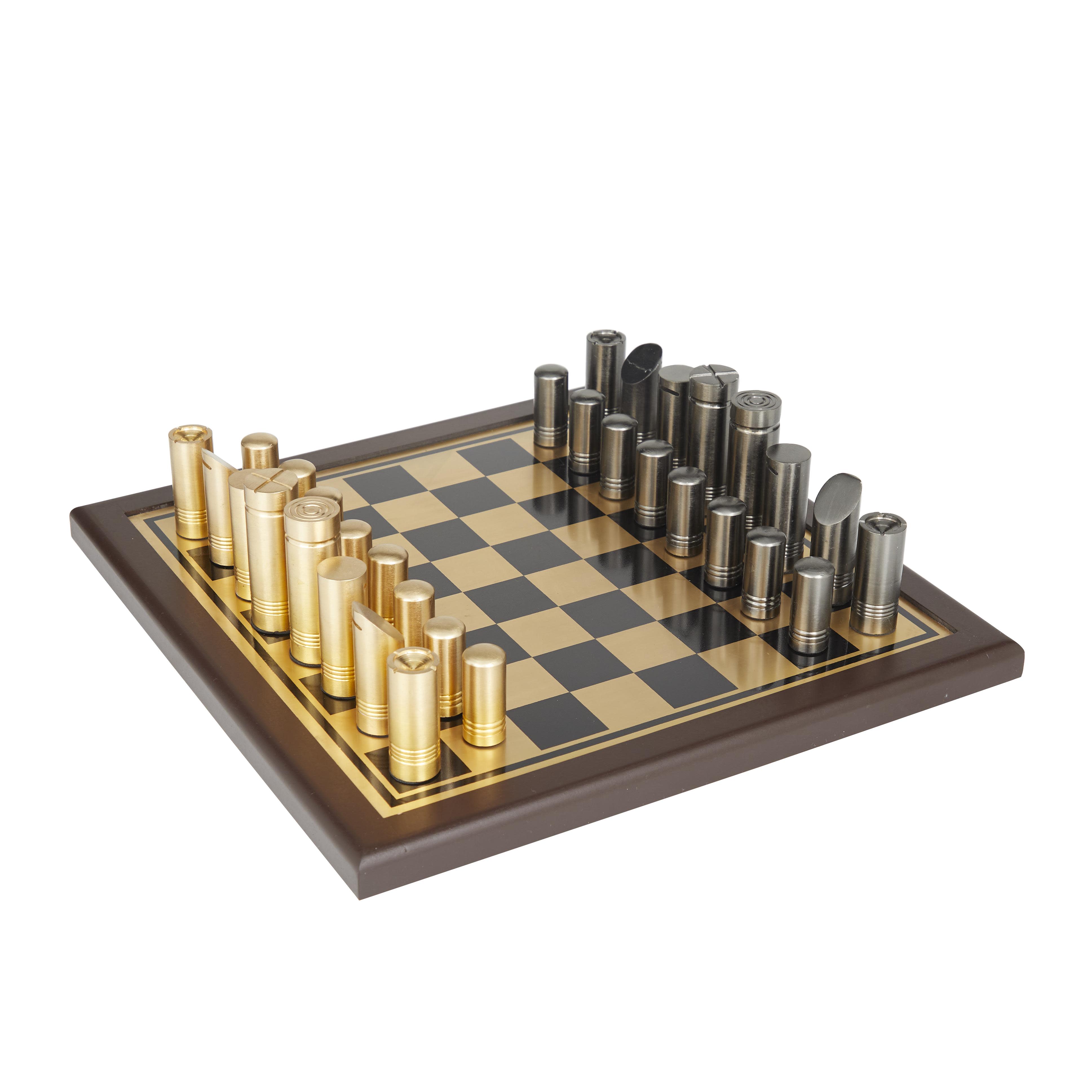 The Novogratz Gold Aluminum Metal Chess Game Set, 14" x 14" x 4"
