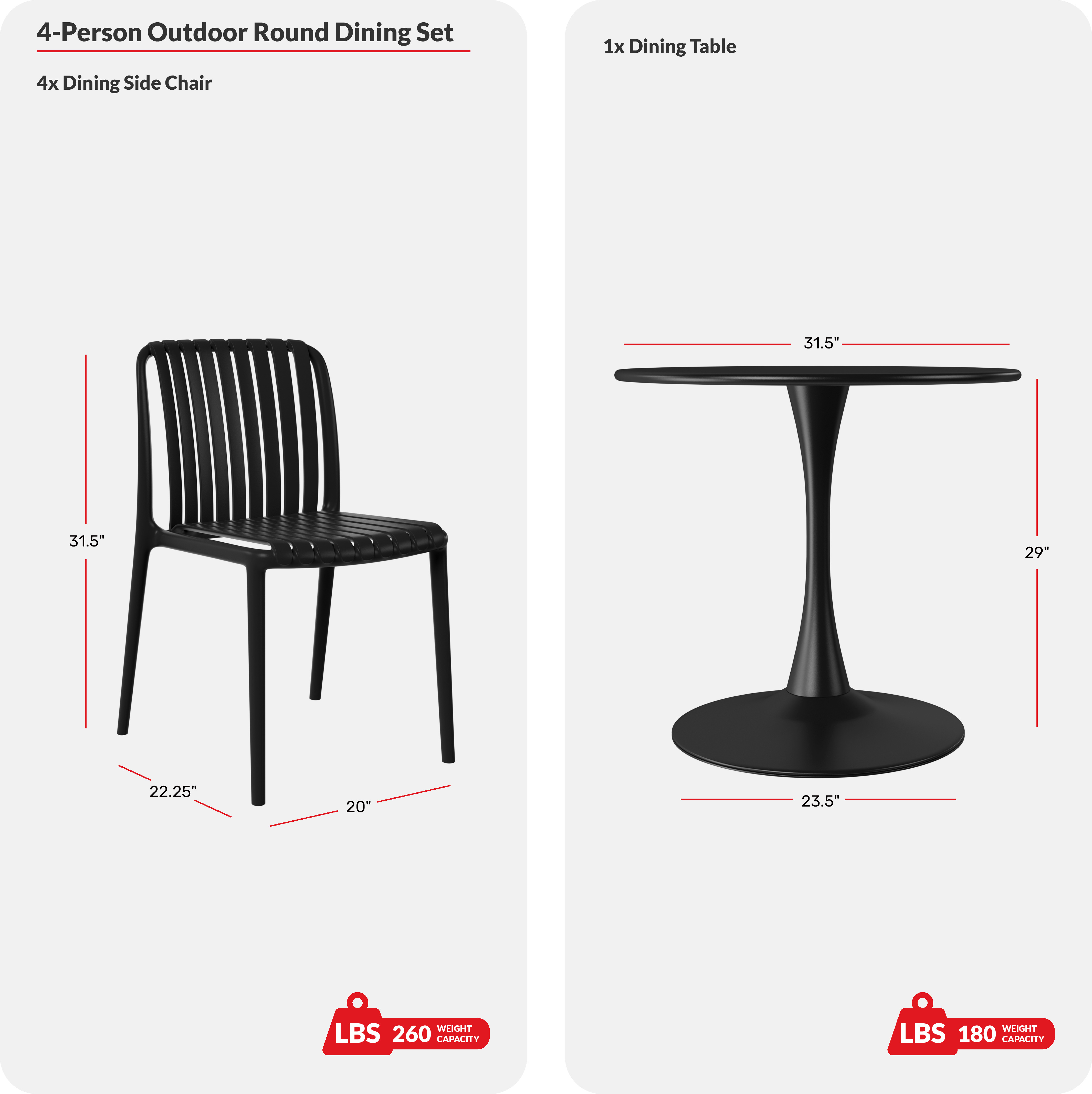 5-Piece Outdoor Metal Dining Table Set And Stackable Resin Patio ChairsCOS Spec Image