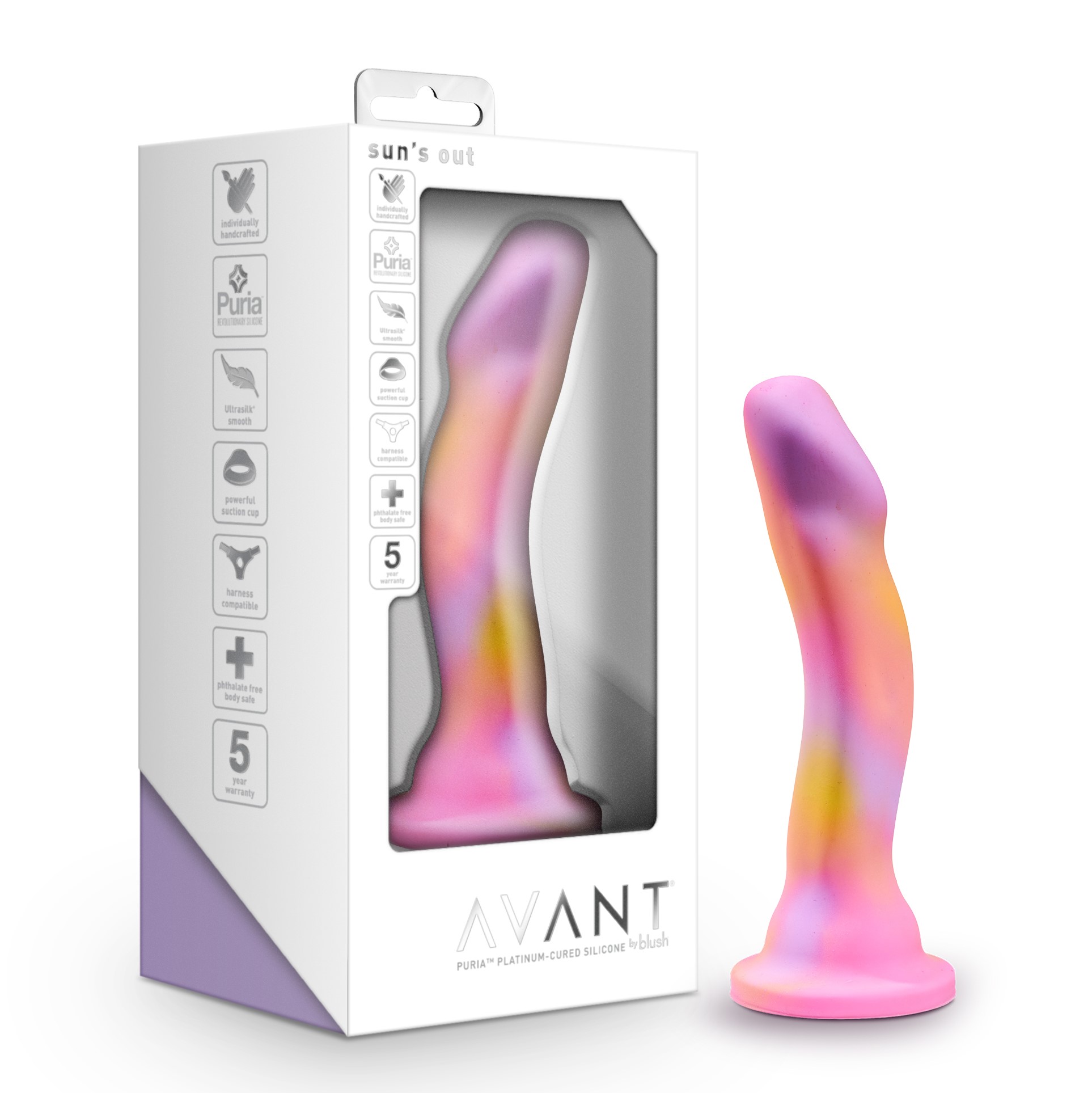 Blush Avant / Sun's Out Pink: Artisan 7 Inch Curved P-Spot / G-Spot Dildo with Suction Cup Base - Elegantly Made with Smooth Ultrasilk? Purio? Silicone