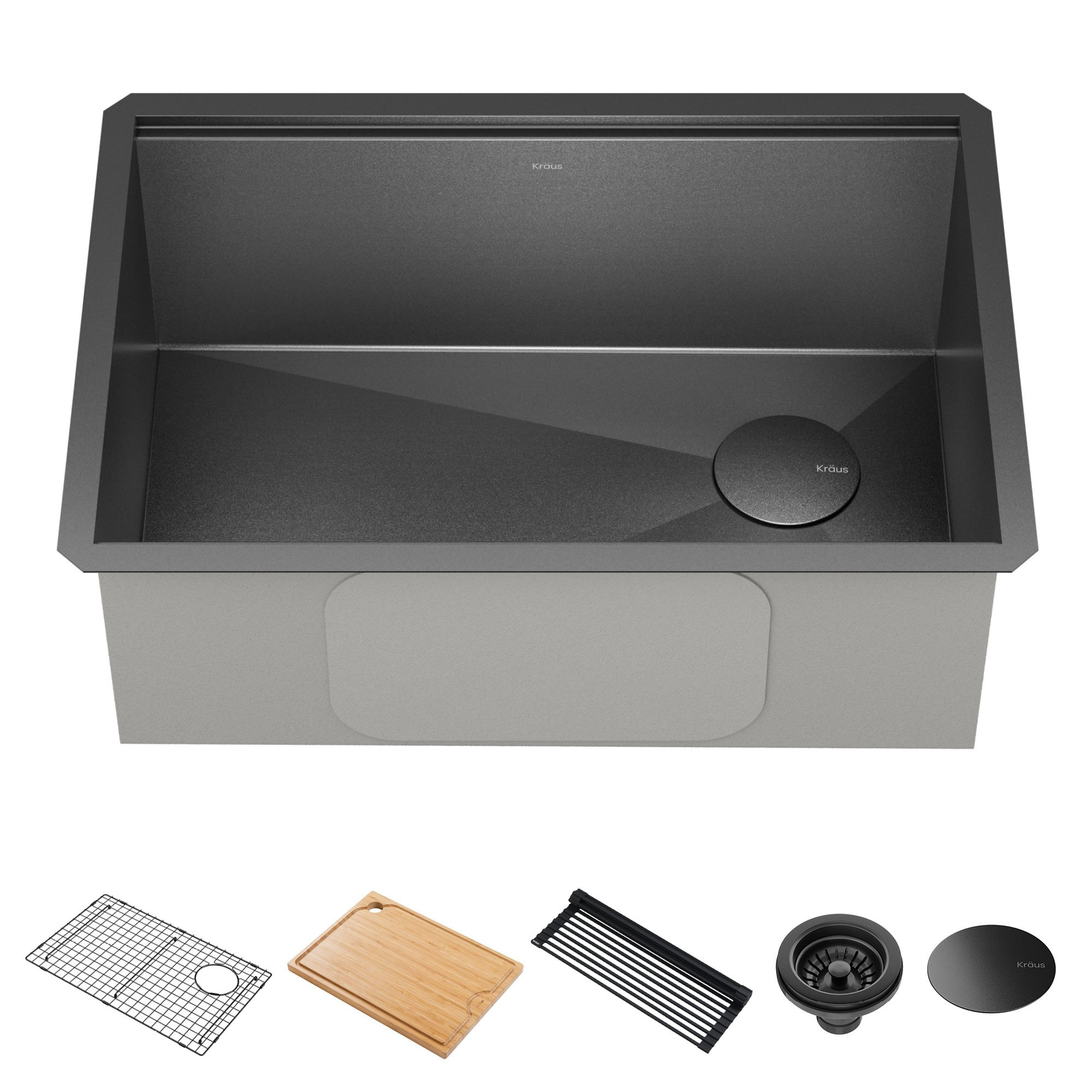 KRAUS KWU110-27-PGM KORE 27 INCH  UNDERMOUNT WORKSTATION 16 GAUGE STAINLESS STEEL SINGLE BOWL KITCHEN SINK WITH ACCESSORIES IN PVD GUNMETAL FINISH WITH ACCESSORIES