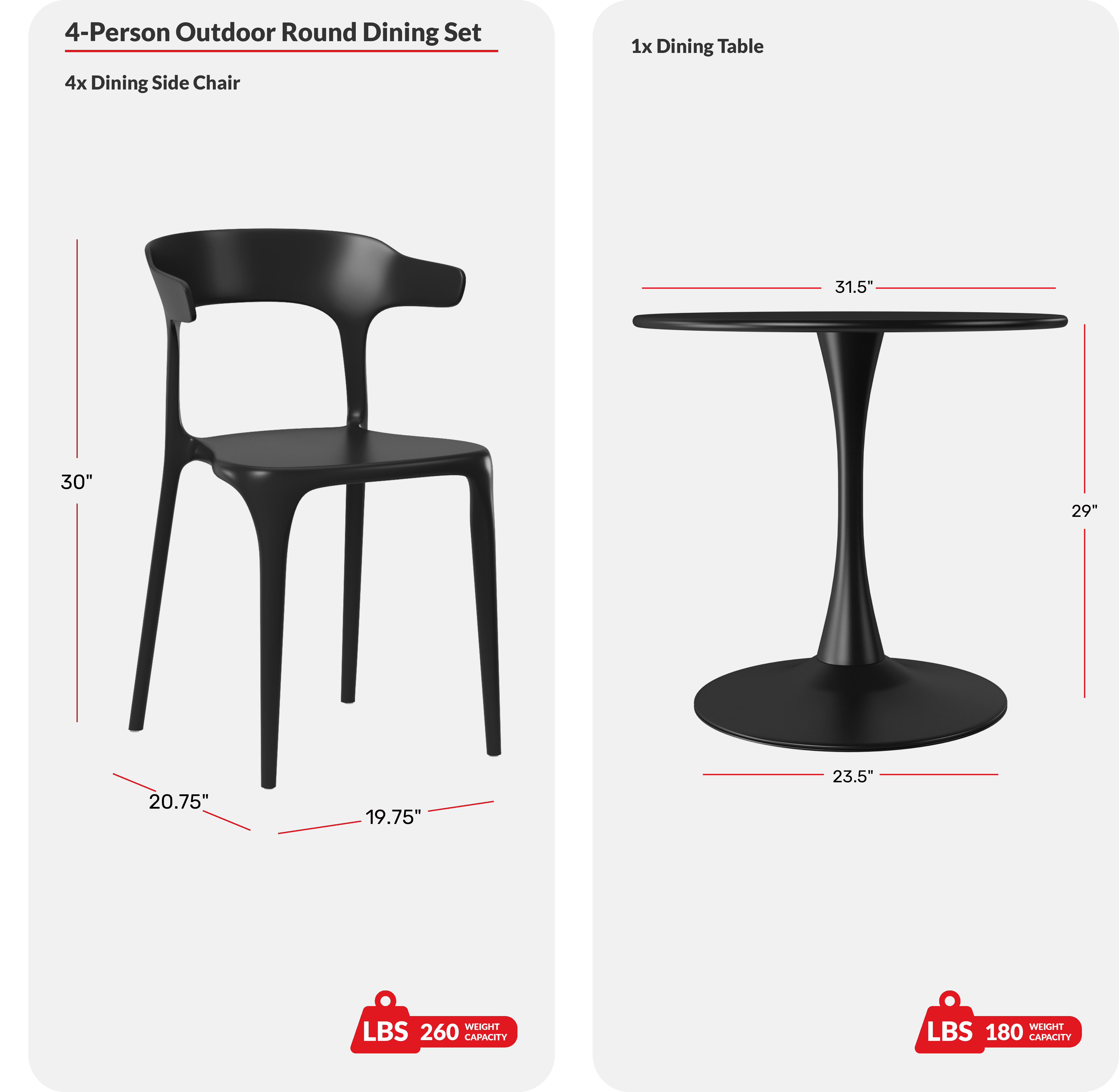5-Piece Outdoor Metal Patio Dining Table Set With Stackable Patio Chairs COS Spec Image