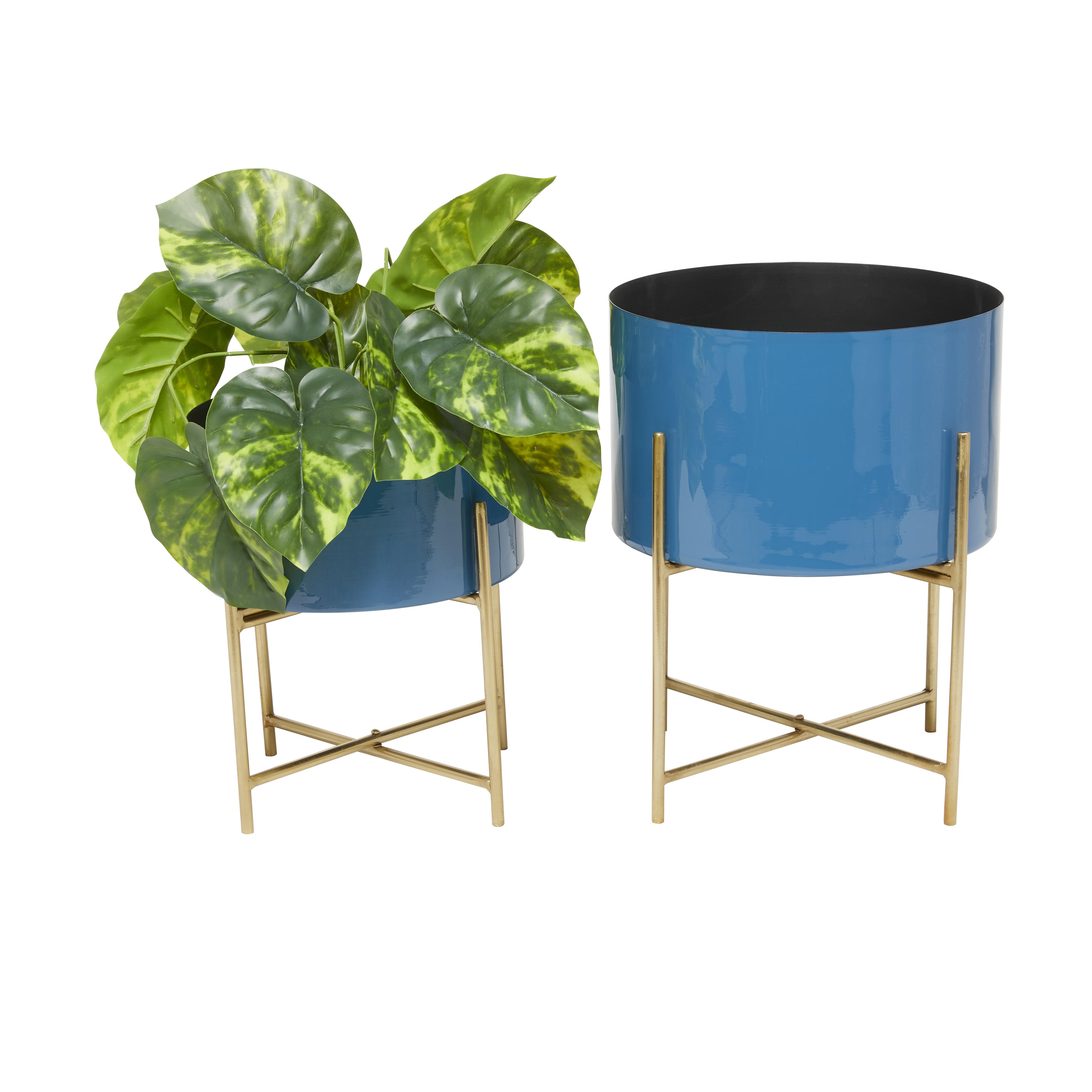 Blue Metal  Indoor Outdoor Planter with Removable Gold Stand, Set of 2 15", 12"H