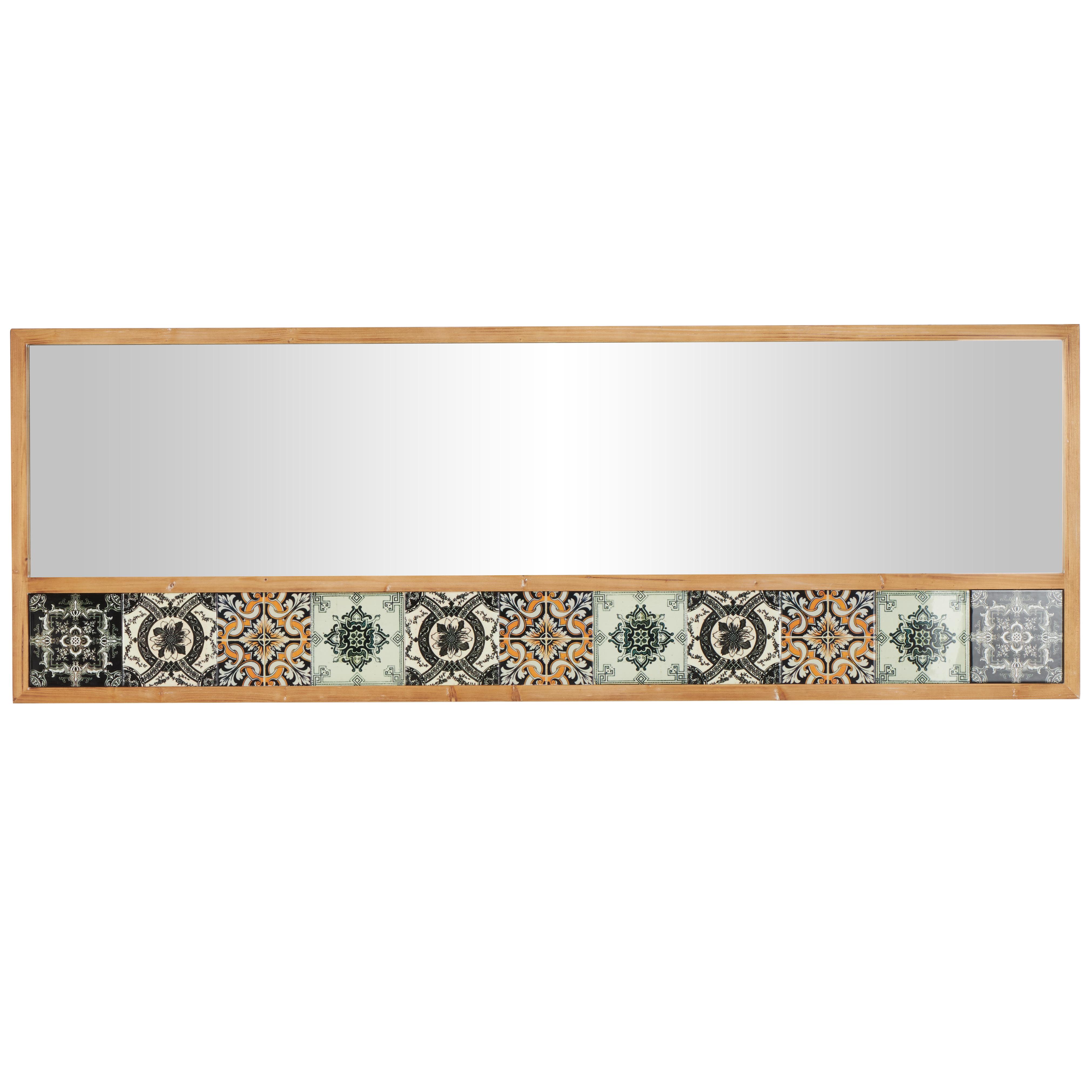 Brown Wood Floral Room Wall Mirror with Patterned Mosaic Tile Edge, 67" x 1" x 26"