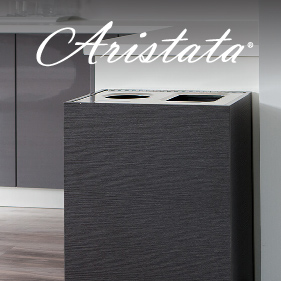 triple high-end waste recycling and organics container with a stainless steel lid and melamine body in a corporate boardroom