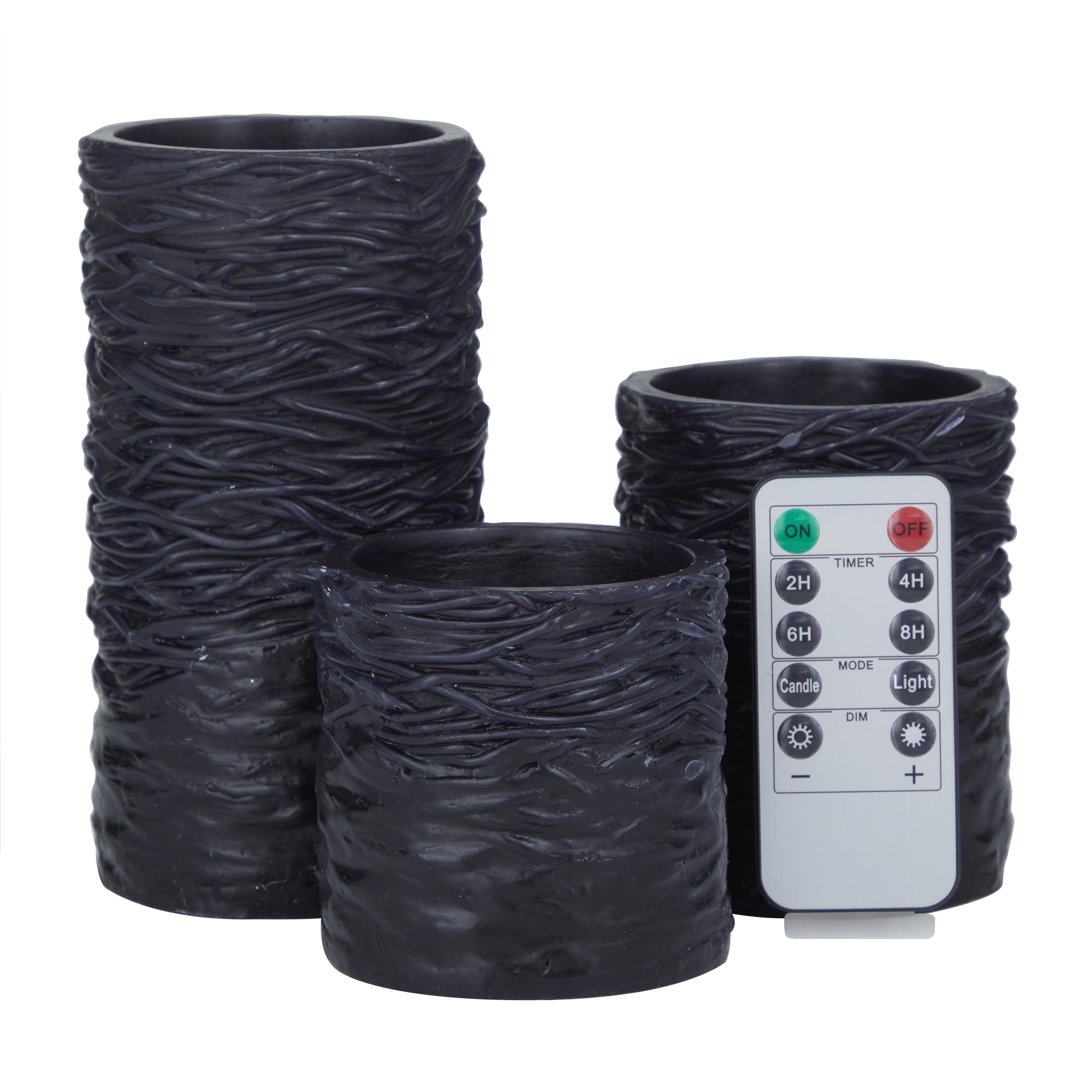 Black Wax  Textured Indoor Outdoor Flameless Candle with Remote Control, (Set 4 of 3pcs)6\", 4\", 3\"H