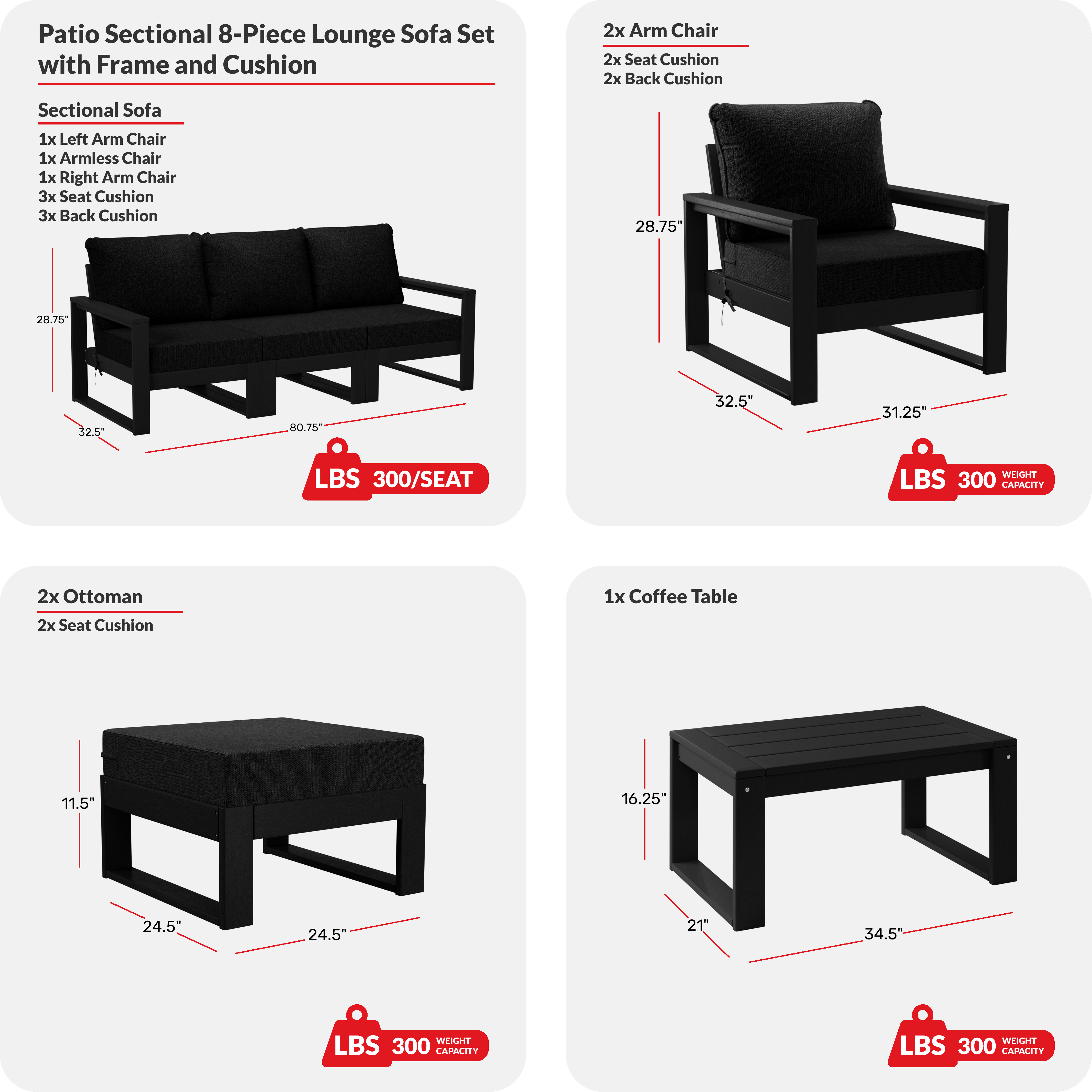 8-Piece Modern HDPE Outdoor Patio Furniture Conversation Set with Coffee Table and OttomansCOS Spec Image