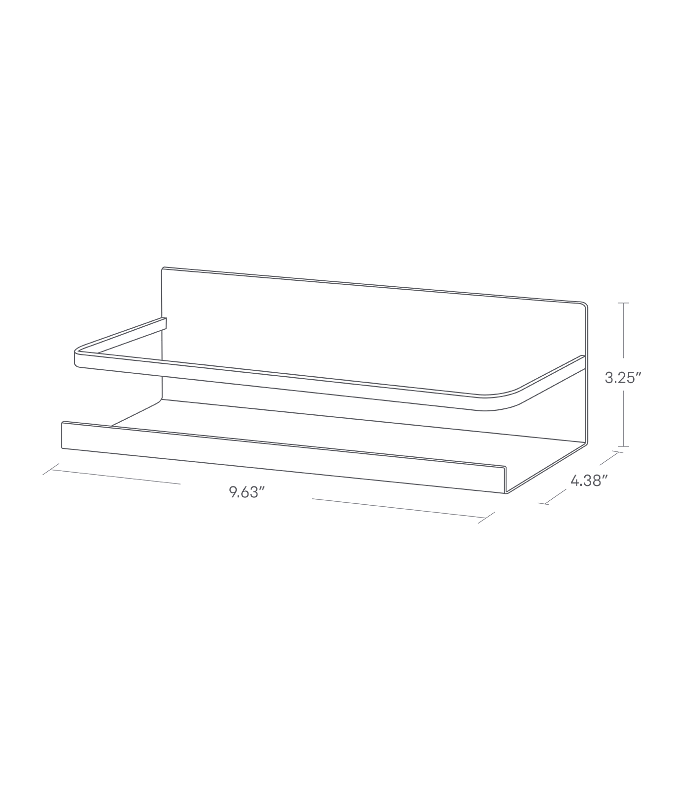 Dimension image for Magnetic Storage Caddy showing container height of 3.25", length of 4.38", width of 9.63"