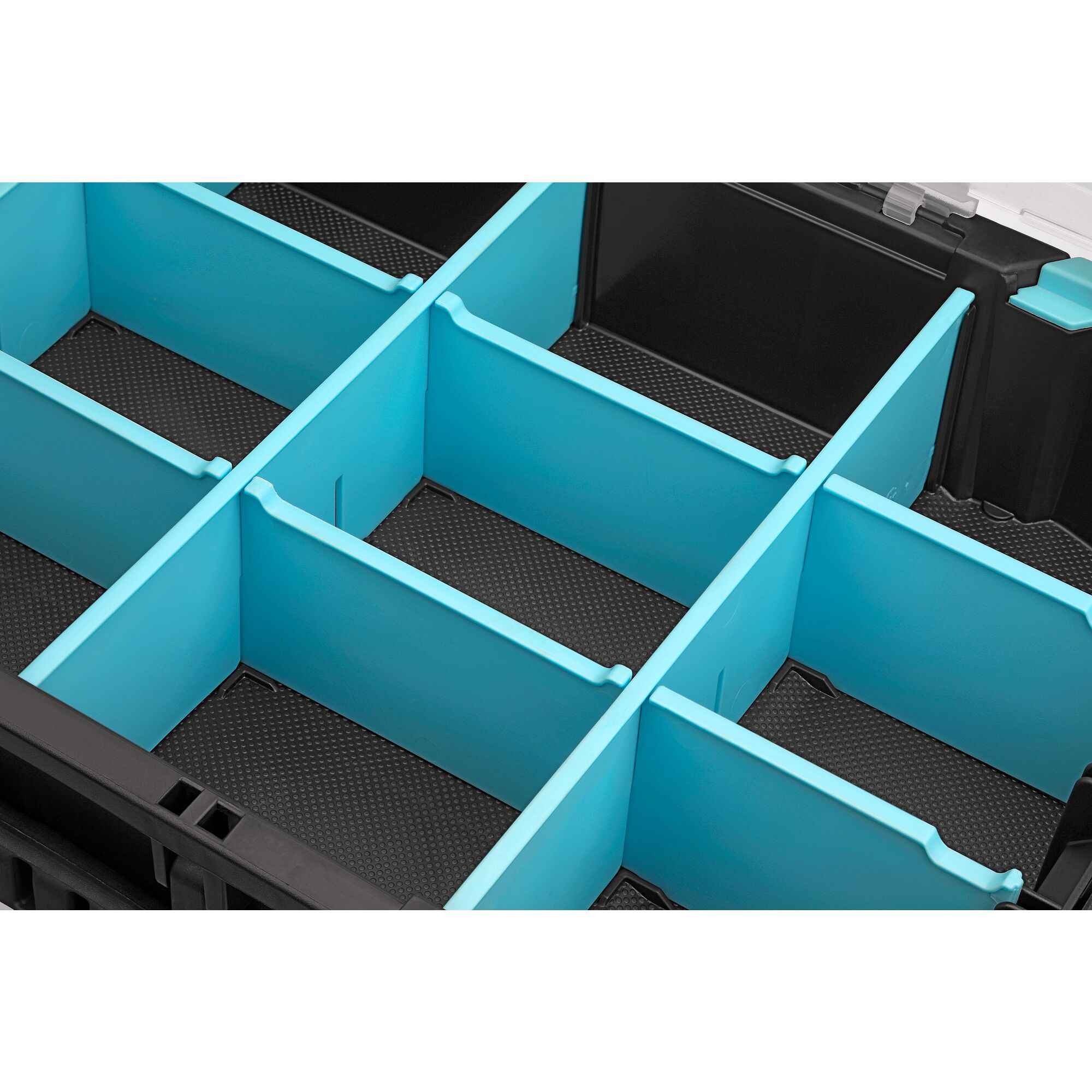 Close up of compartments within Black and decker 19” Stackable Storage Organizer with clear lid