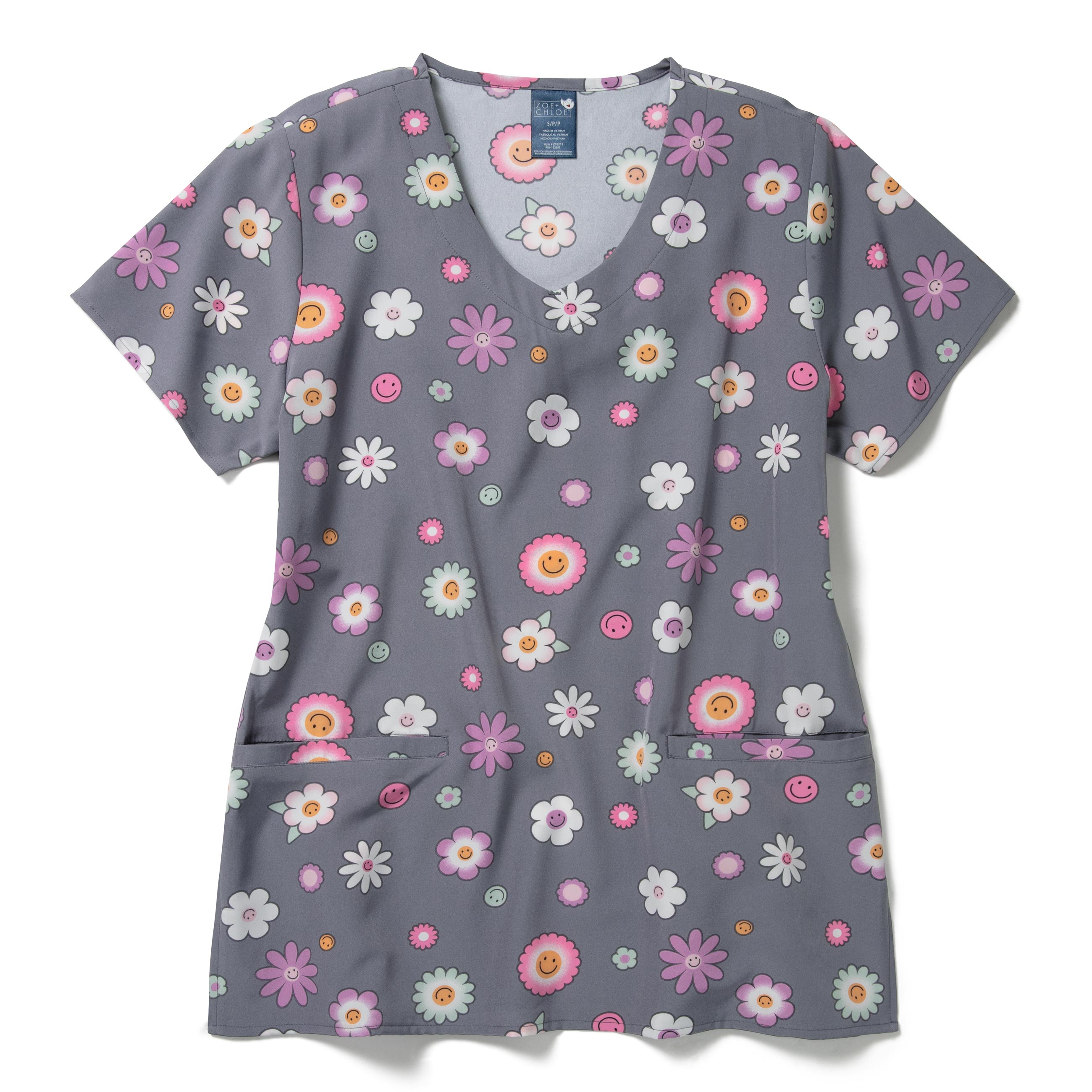 Zoe+Chloe V-Neck Border Print Scrub Top-Zoe+Chloe