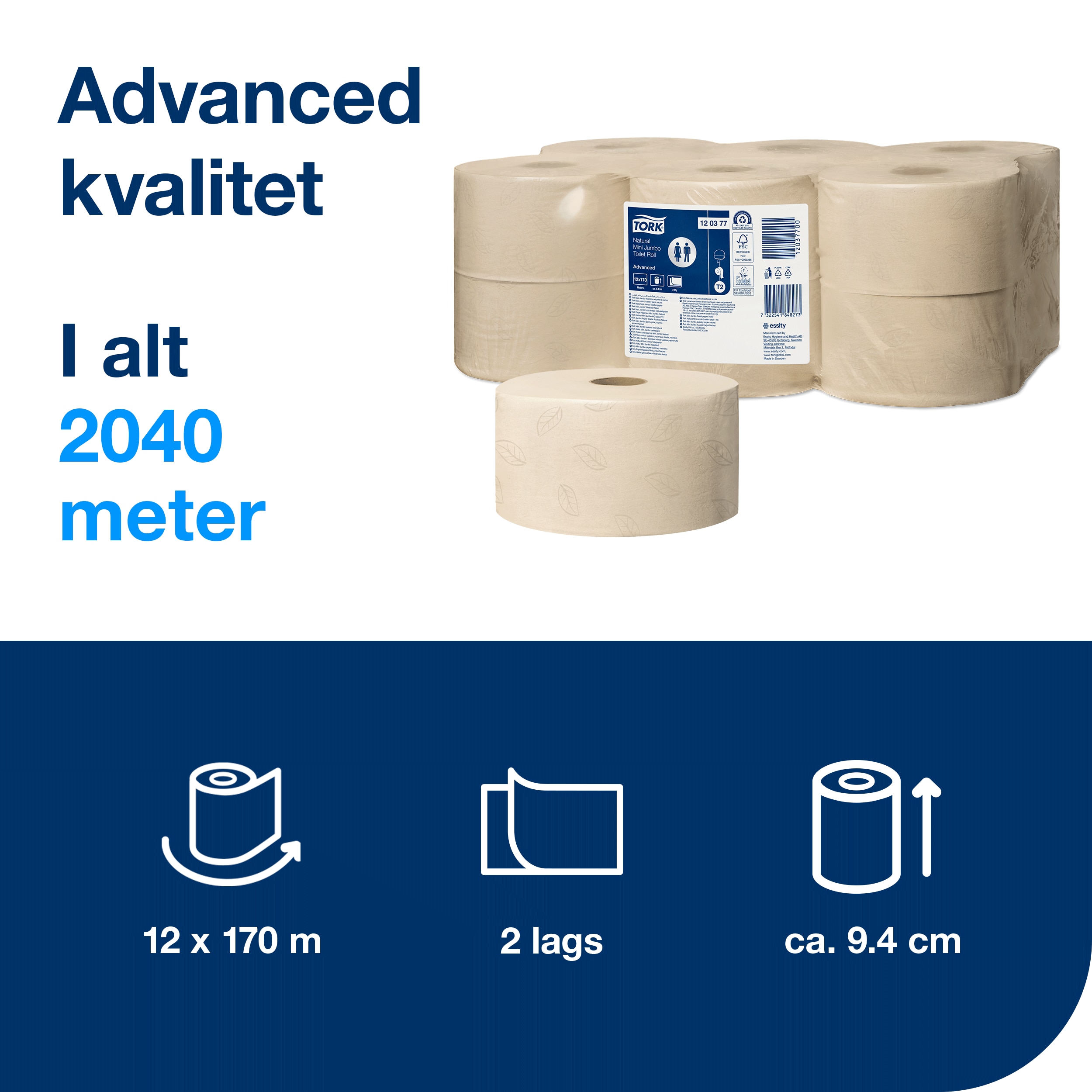 Toiletpapir, Udvendig oprulning, 2 lag, 12 ruller, Tork Advanced Jumbo Mini T2