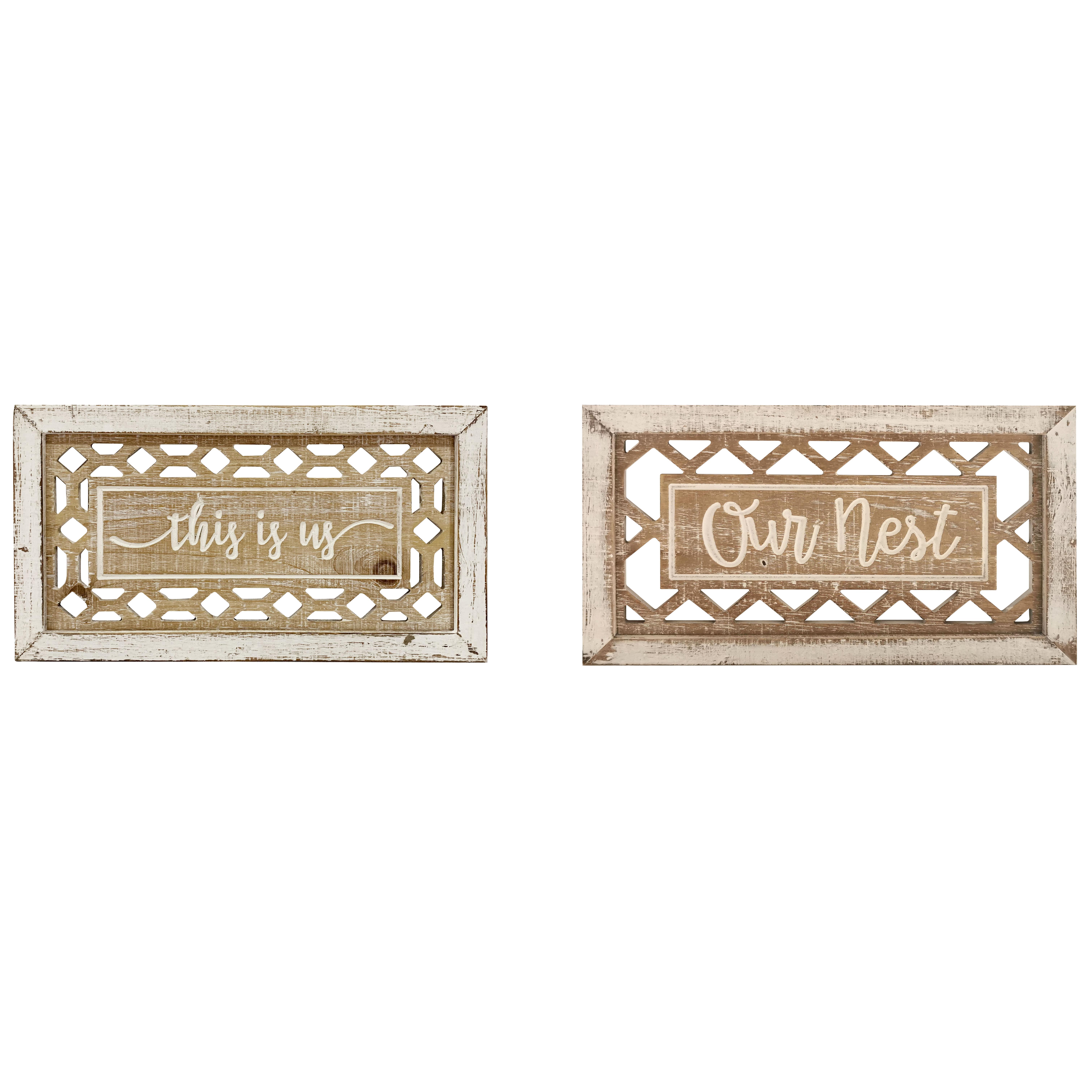 White Wood Sign Carved Wall Decor, Set of 2 12"W, 7"H