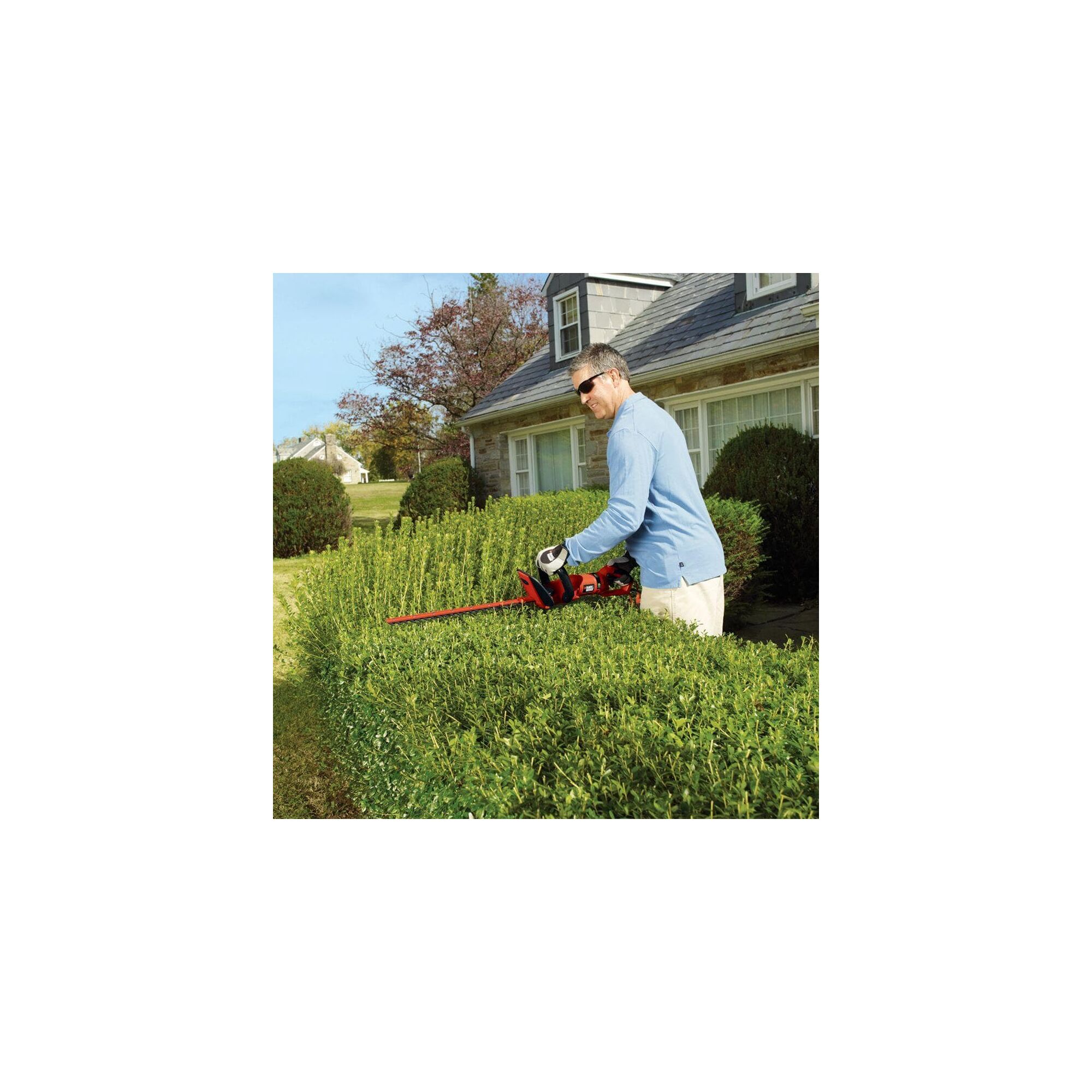 Person using hedge trimmer on a high bush